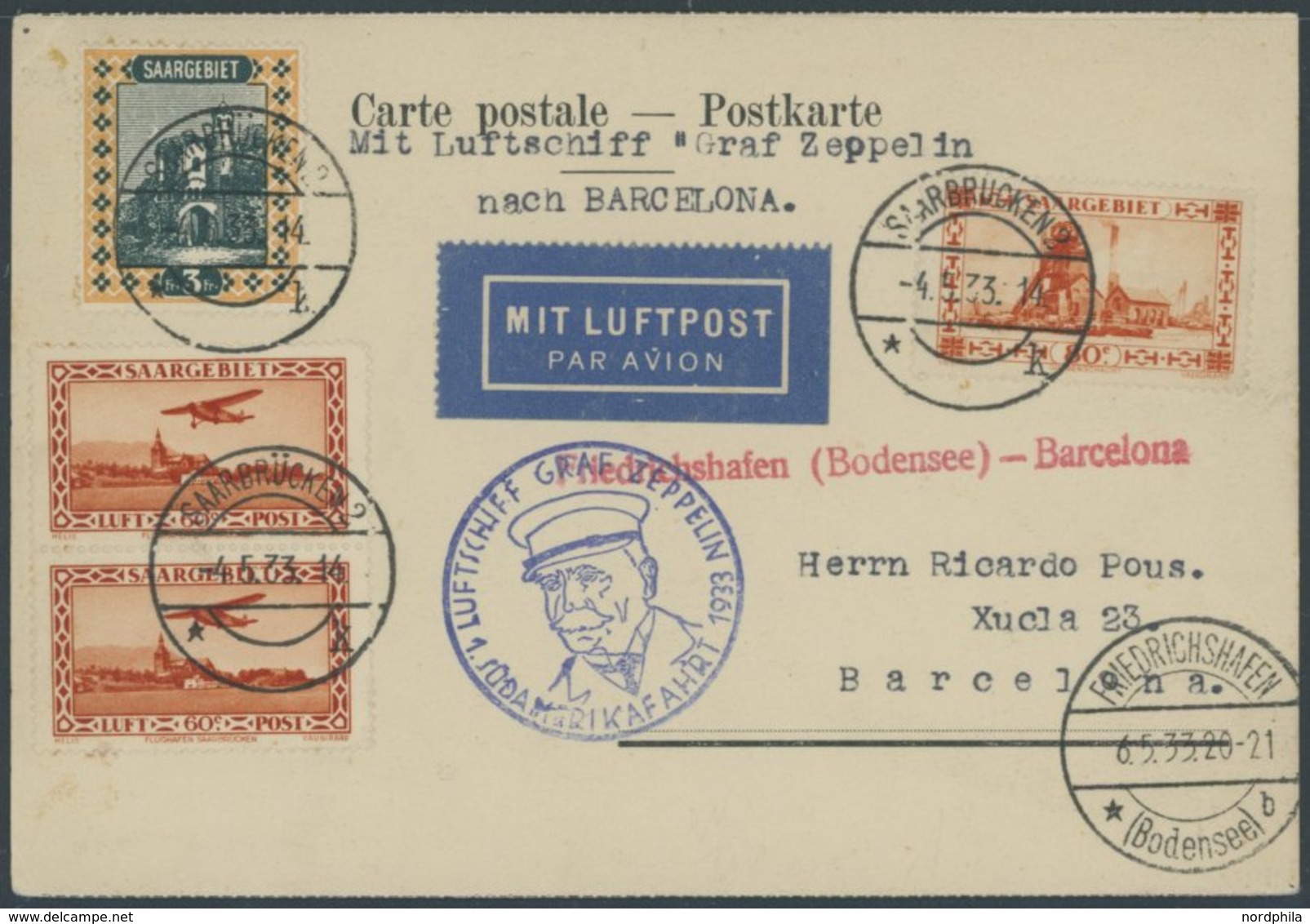 ZULEITUNGSPOST 202 BRIEF, Saargebiet: 1933, 1. Südamerikafahrt, Friedrichshafen-Barcelona, Prachtkarte - Poste Aérienne & Zeppelin