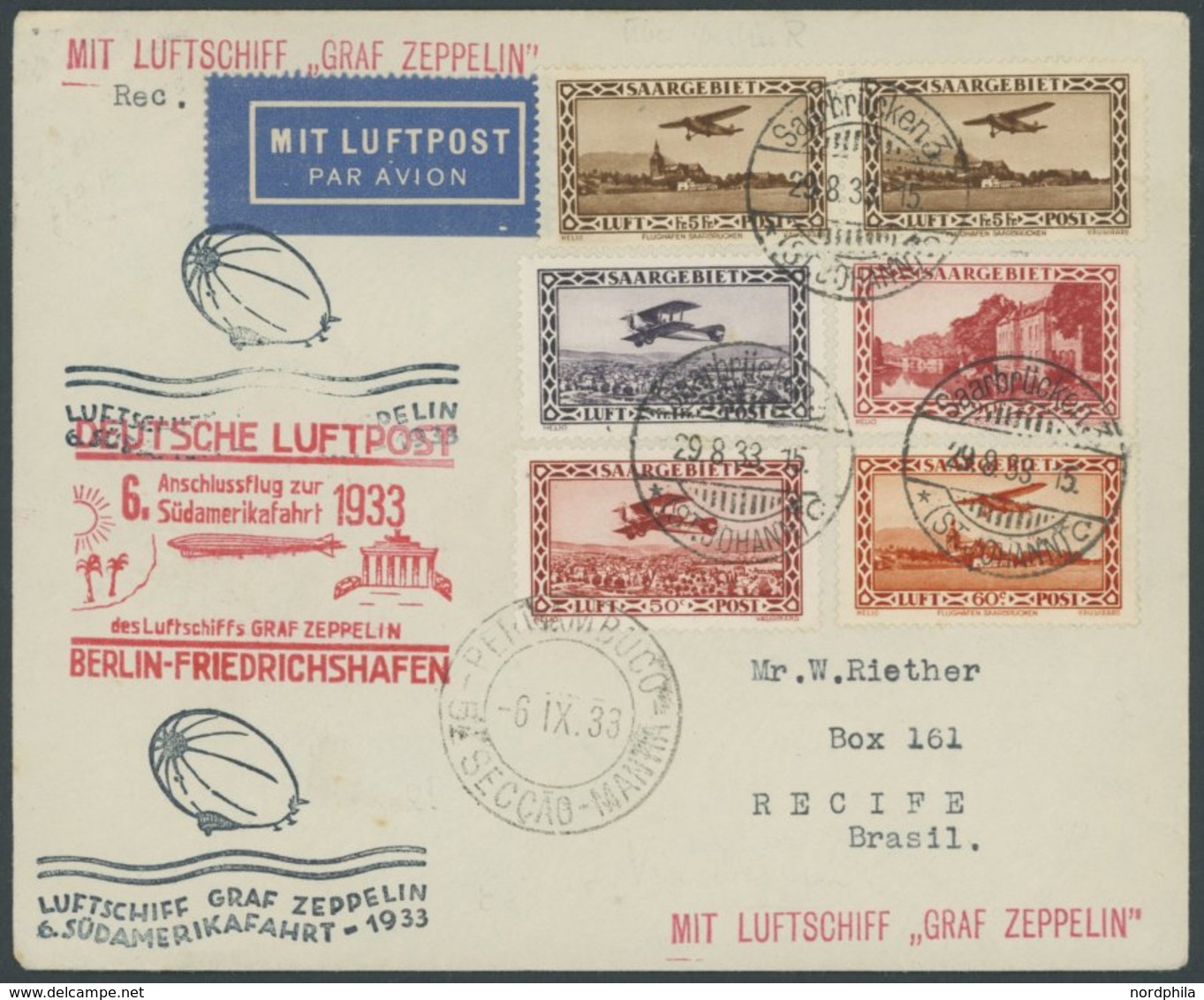 ZULEITUNGSPOST 229B BRIEF, Saargebiet: 1933, 6. Südamerikafahrt, Prachtbrief, Sieger Unbekannt! - Correo Aéreo & Zeppelin