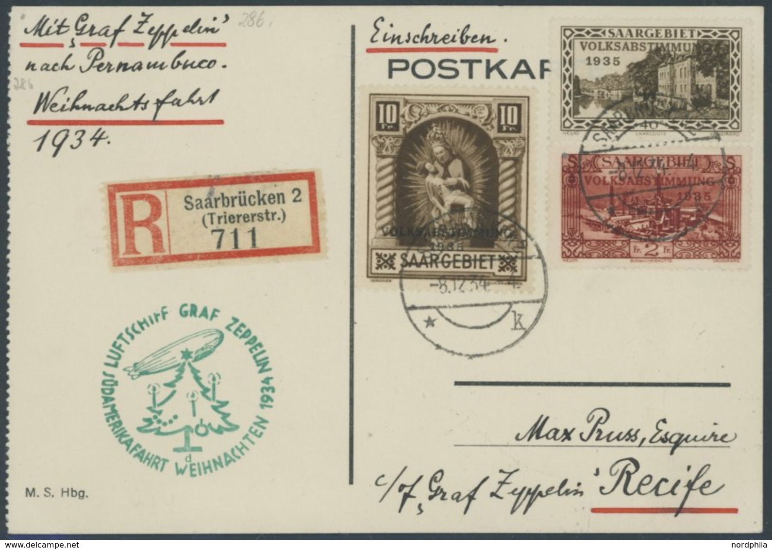 ZULEITUNGSPOST 286 BRIEF, Saargebiet: 1934, Weihnachtsfahrt, Aufgabe Saarbrücken, Einschreibkarte, Pracht - Correo Aéreo & Zeppelin