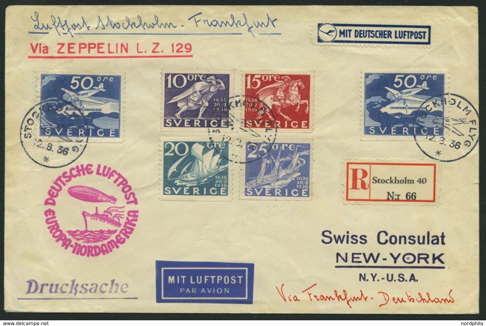 ZULEITUNGSPOST 430 BRIEF, Schweden: 1936, 7. Nordamerikafahrt, Drucksache, Einschreibbrief, Pracht - Poste Aérienne & Zeppelin