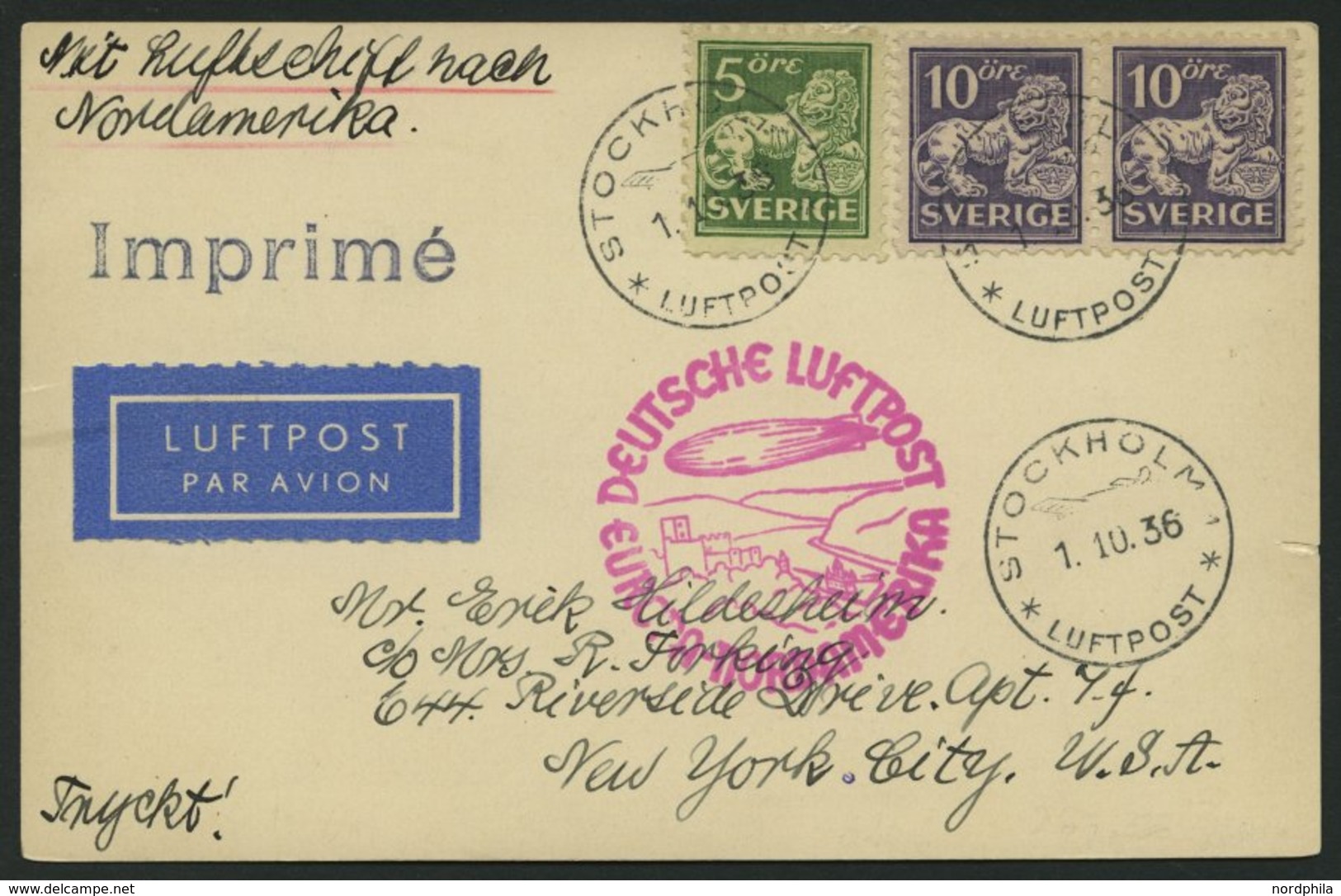 ZULEITUNGSPOST 441 BRIEF, Schweden: 1936, 10. Nordamerikafahrt, Prachtkarte - Poste Aérienne & Zeppelin