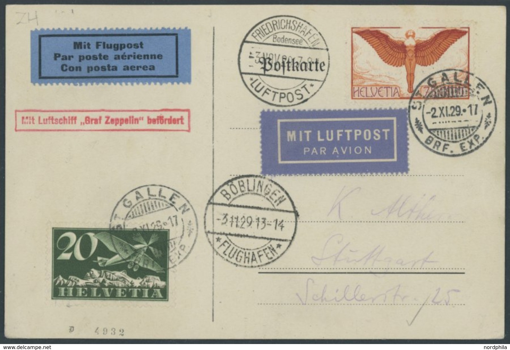 ZULEITUNGSPOST 48A BRIEF, Schweiz: 1929, Fahrt Nach Böblingen, Frankiert U.a. Mit Mi.Nr. 190, Prachtkarte - Poste Aérienne & Zeppelin