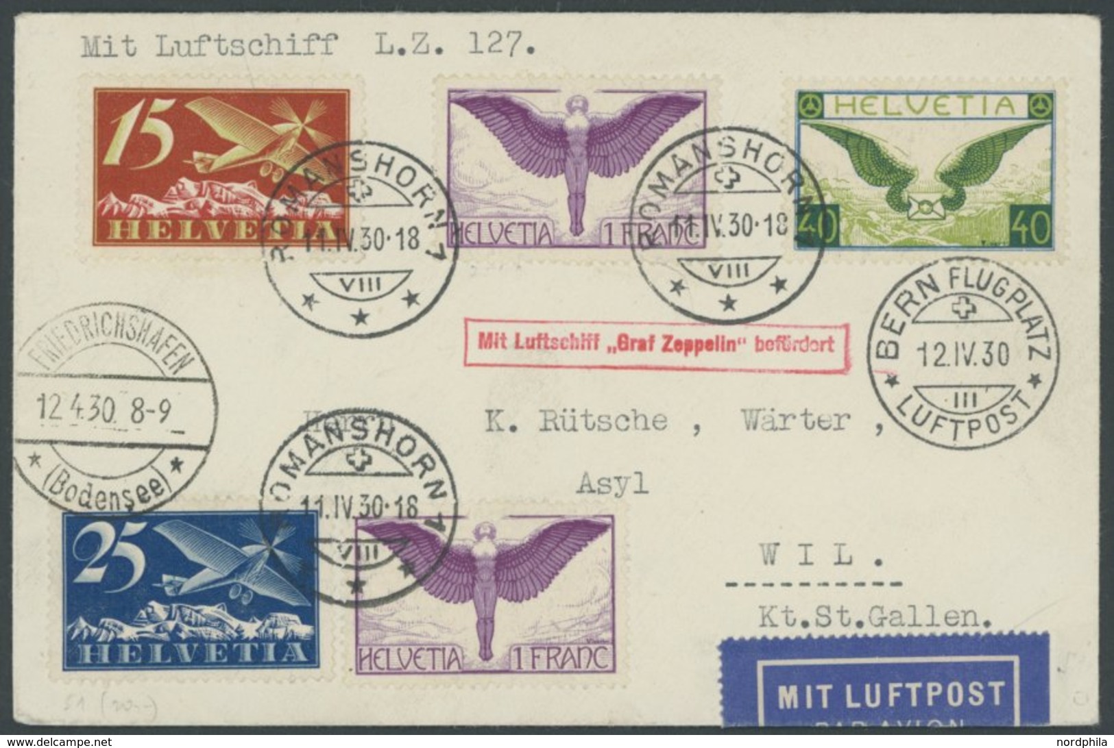 ZULEITUNGSPOST 51A BRIEF, Schweiz: 1930, Schweizfahrt, Abwurf Bern, Dekorative Flugpostfrankatur, Prachtbrief - Correo Aéreo & Zeppelin