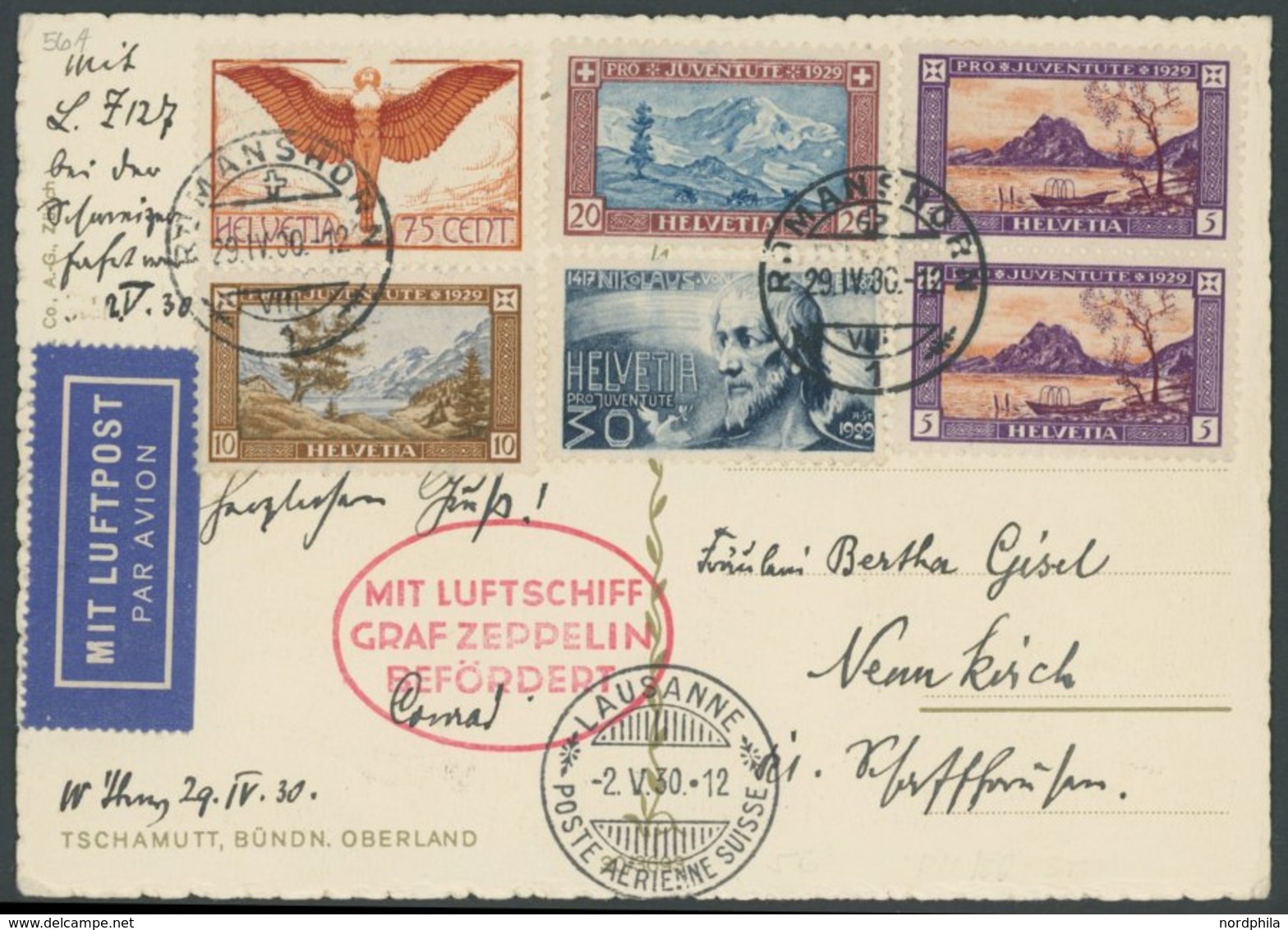 ZULEITUNGSPOST 56A BRIEF, Schweiz: 1930 Schweizfahrt, Abwurf Lausanne, Frankiert U.a. Mit Mi.Nr. 190x, Prachtkarte - Correo Aéreo & Zeppelin
