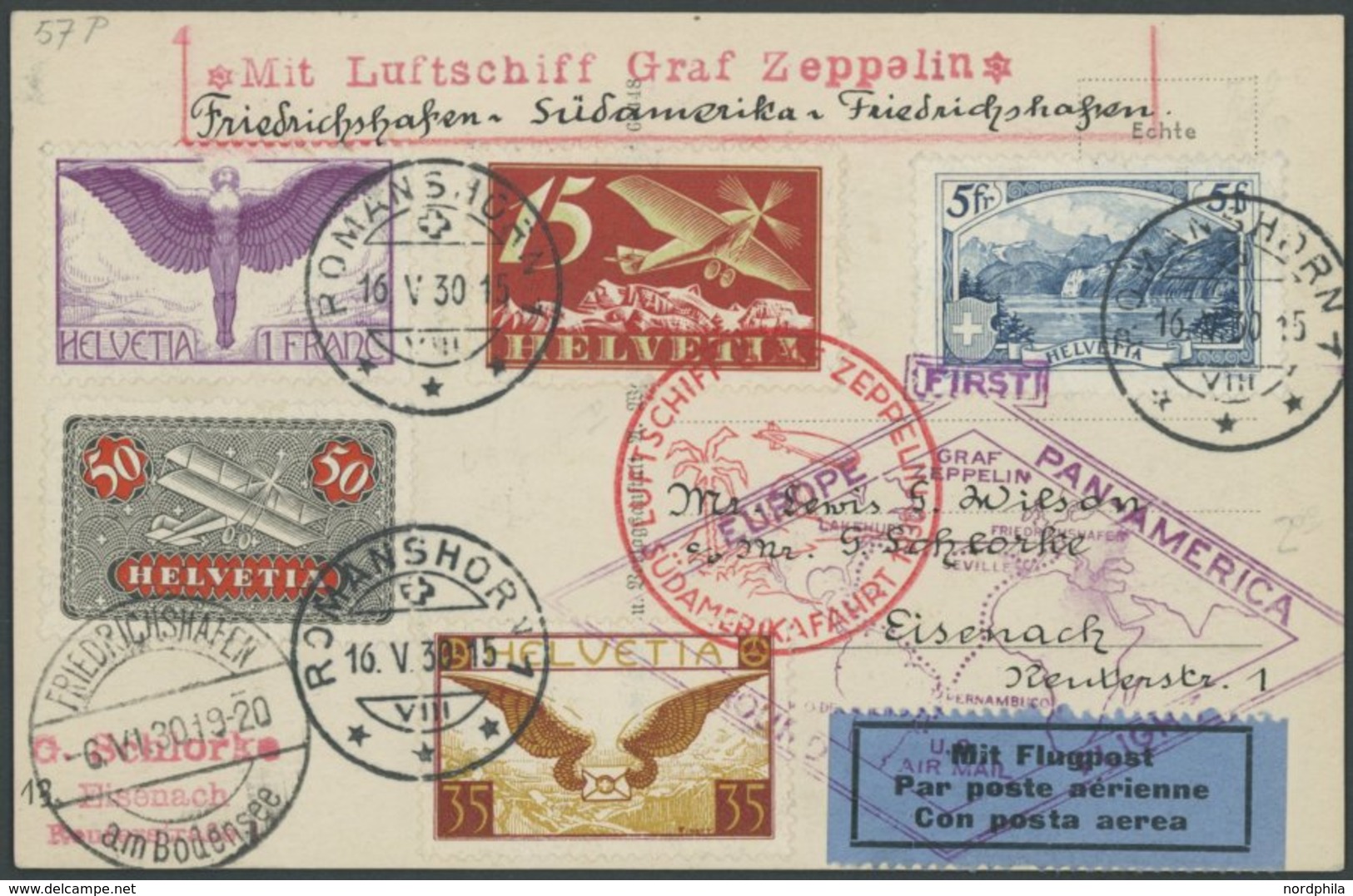 ZULEITUNGSPOST 57P BRIEF, Schweiz: 1930, Südamerikafahrt, Friedrichshafen-Rundfahrt, Prachtkarte - Poste Aérienne & Zeppelin