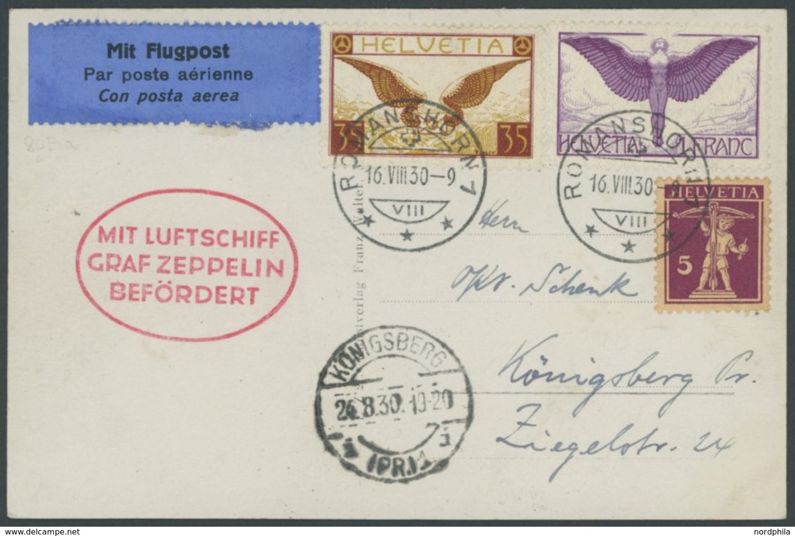 ZULEITUNGSPOST 80 BRIEF, Schweiz: 1930, Ostpreußenfahrt, Abgabe Königsberg, Prachtkarte - Poste Aérienne & Zeppelin