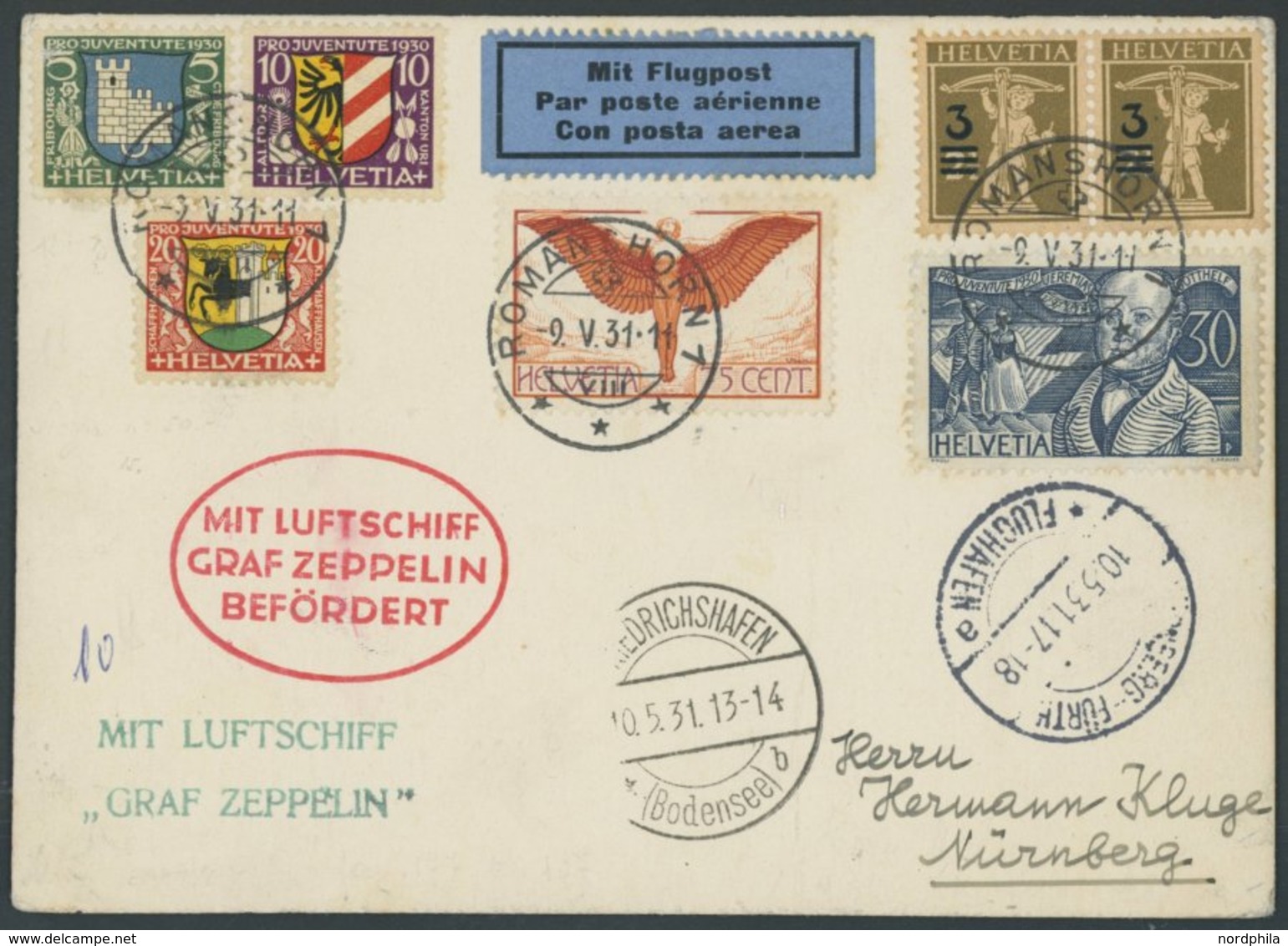 ZULEITUNGSPOST 107Ba BRIEF, Schweiz: 1931, Fahrt Nach Nürnberg, Mit Grünem L2 MIT LUFTSCHIFF GRAF ZEPPELIN, Prachtkarte - Correo Aéreo & Zeppelin