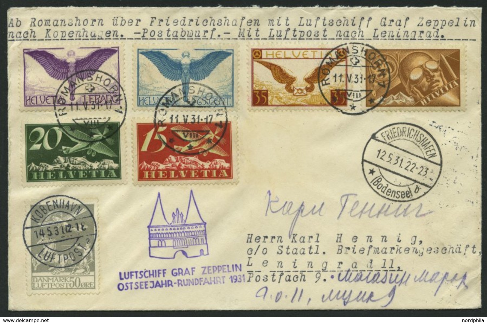 ZULEITUNGSPOST 108 BRIEF, Schweiz: 1931, Ostseejahr-Rundfahrt, Abwurf Kopenhagen, Mit Dänischer Beifrankatur, Prachtbrie - Poste Aérienne & Zeppelin