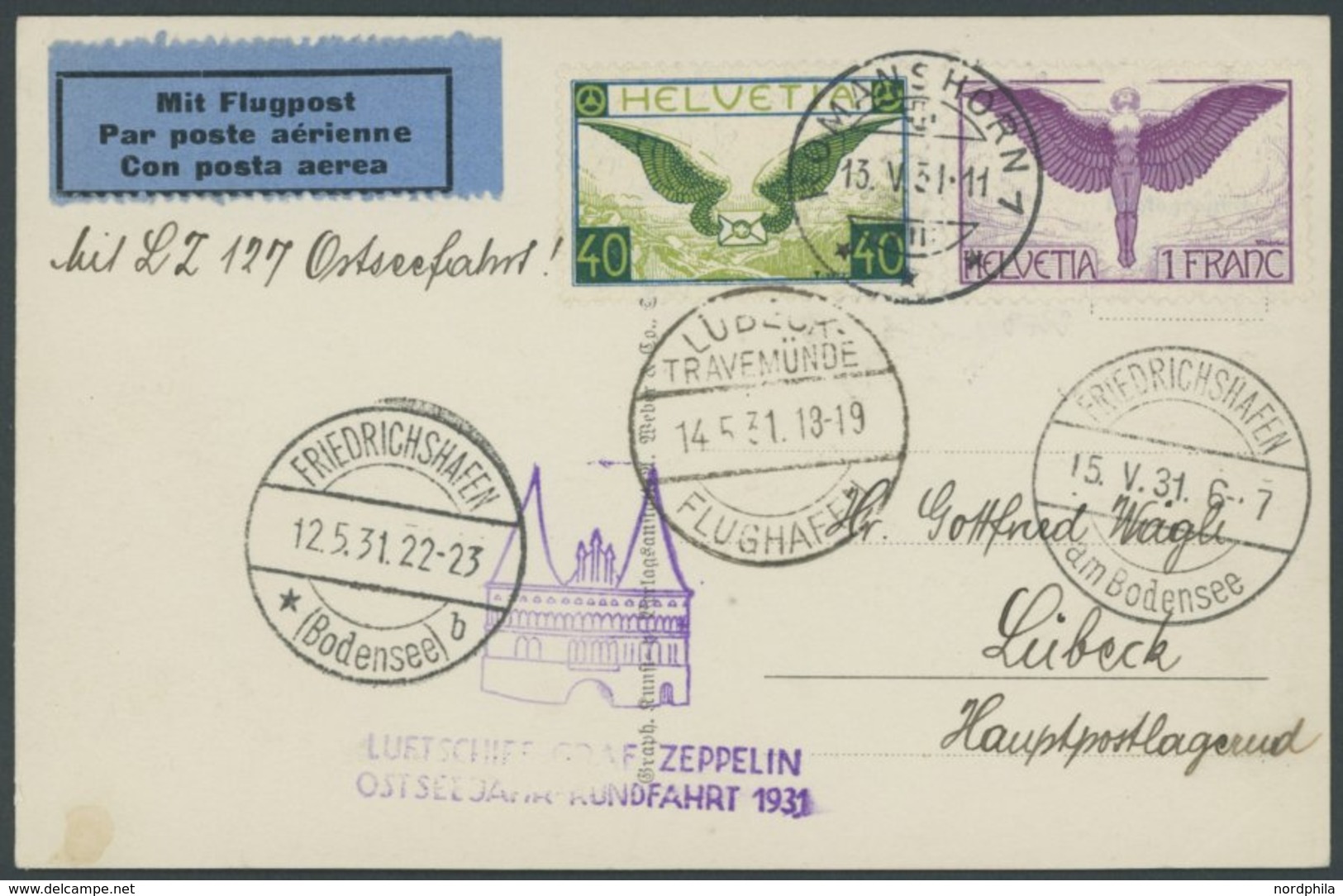 ZULEITUNGSPOST 108Bg BRIEF, Schweiz: 1931, Ostseejahr-Rundfahrt, Abgabe Lübeck, Frankiert Mit Mi.Nr. 191x Und 234, Prach - Correo Aéreo & Zeppelin