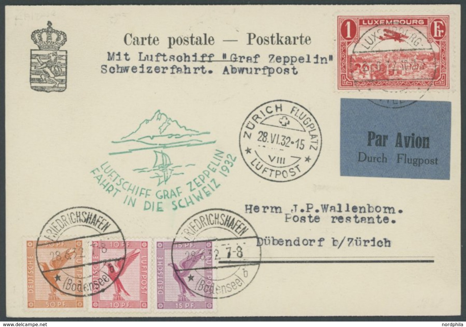 ZULEITUNGSPOST 166 BRIEF, Schweiz: 1932, Schweizfahrt, Mit Deutscher Zusatzfrankatur, Prachtkarte - Poste Aérienne & Zeppelin