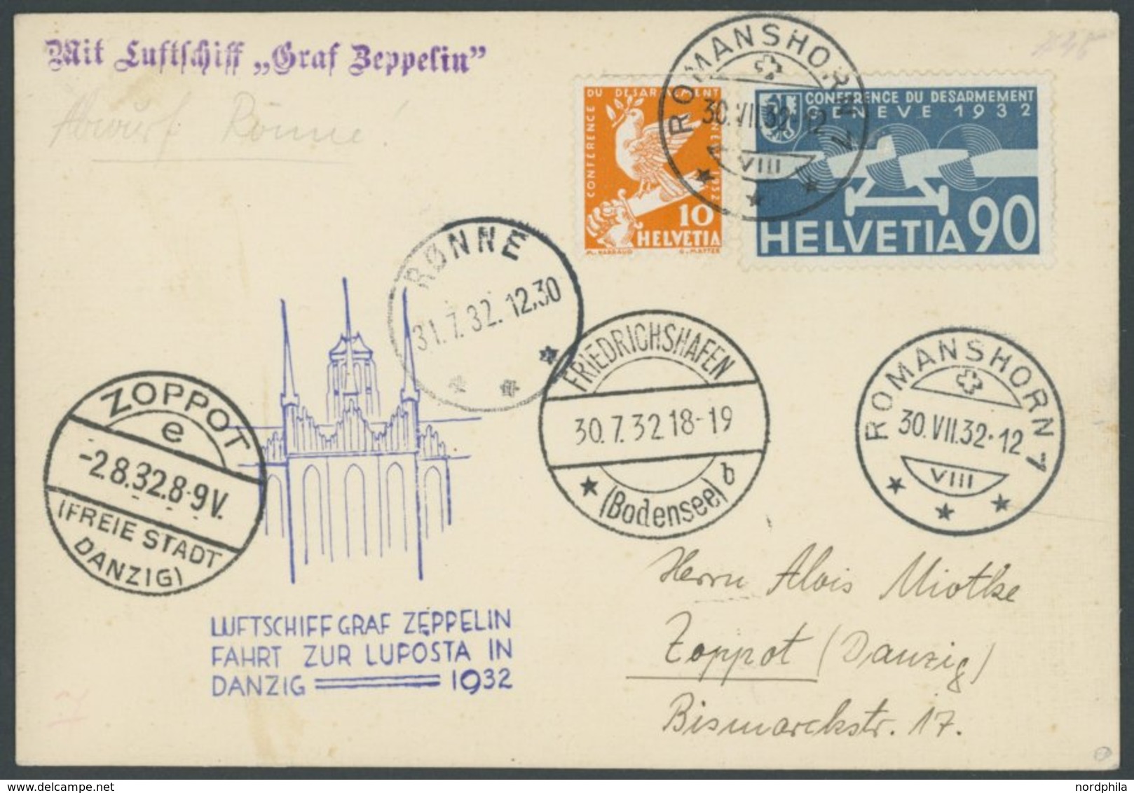 ZULEITUNGSPOST 169A BRIEF, Schweiz: 1932, Luposta-Fahrt, Abwurf Rönne, Prachtkarte - Correo Aéreo & Zeppelin