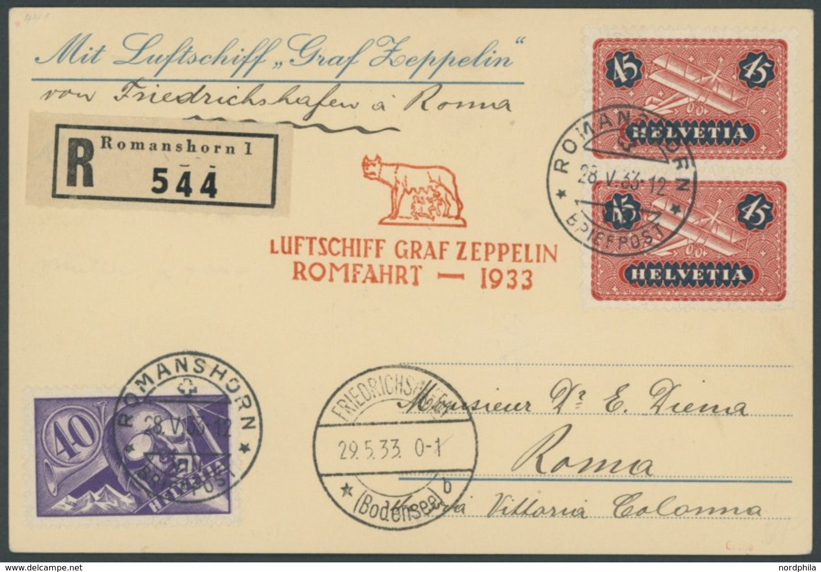 ZULEITUNGSPOST 207B BRIEF, Schweiz: 1933, Italienfahrt, Postabgabe Rom, Einschreibkarte, Pracht - Correo Aéreo & Zeppelin