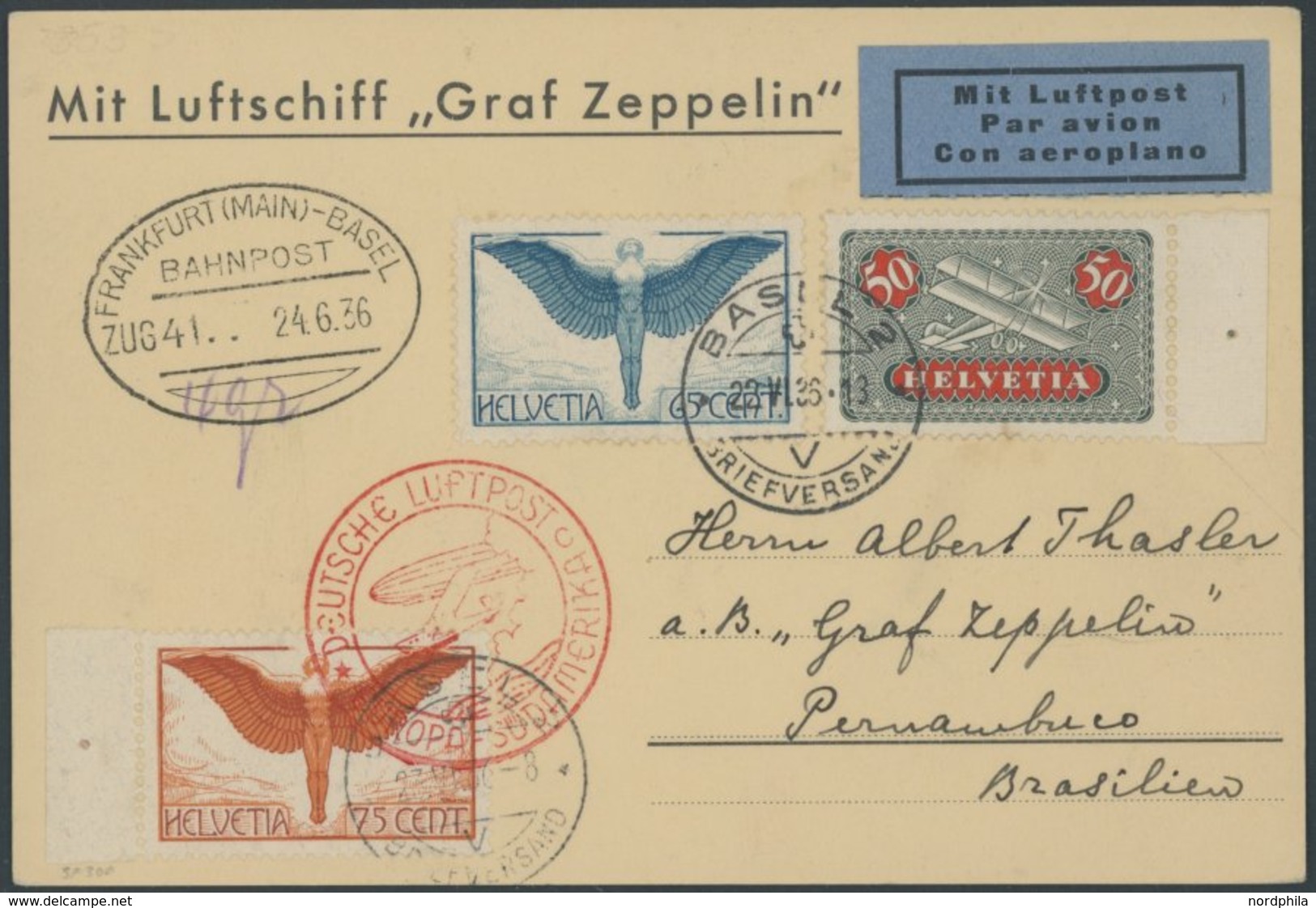 ZULEITUNGSPOST 353 BRIEF, Schweiz: 1936, 7. Südamerikafahrt, Bestätigungsstempel C, Prachtkarte - Correo Aéreo & Zeppelin