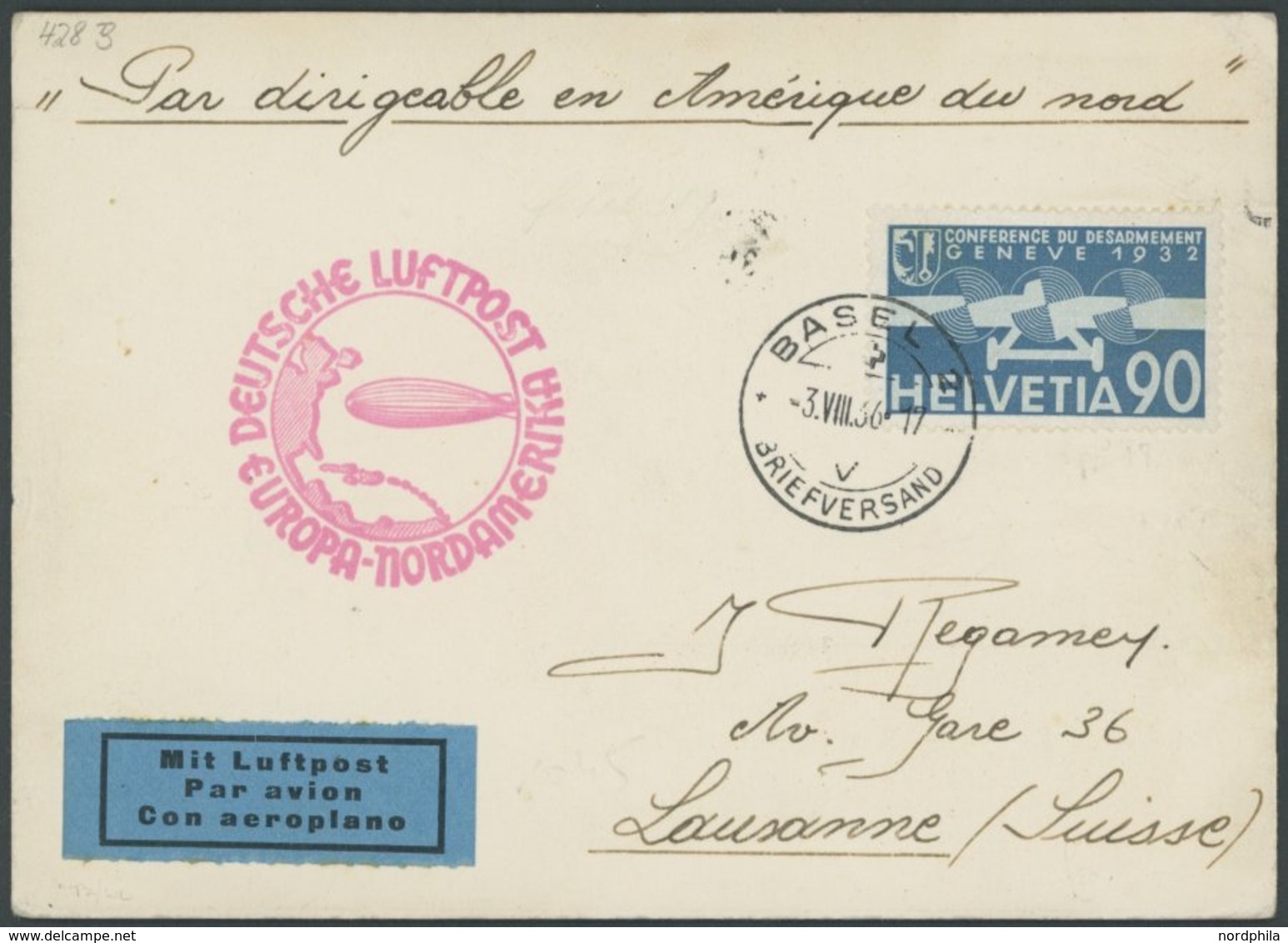 ZULEITUNGSPOST 428 BRIEF, Schweiz: 1936, 6. Nordamerikafahrt, Prachtkarte - Airmail & Zeppelin