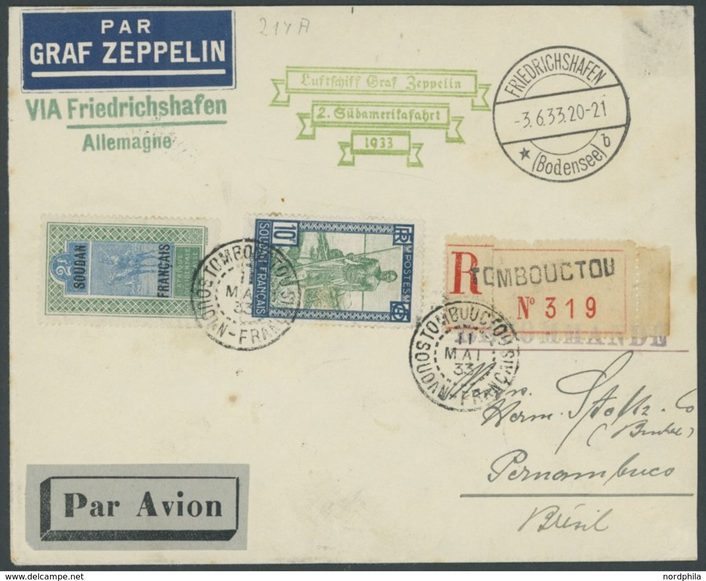 ZULEITUNGSPOST 214 BRIEF, Französisch Sudan: 1933, 2. Südamerikafahrt, Einschreibbrief, Pracht, Nur 6 Belege Befördert! - Poste Aérienne & Zeppelin