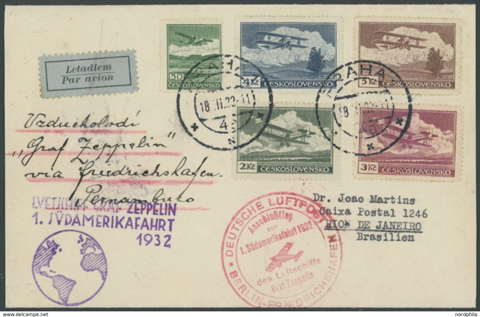ZULEITUNGSPOST 138B BRIEF, Tschechoslowakei: 1932, 1. Südamerikafahrt, Anschlußflug Ab Berlin, Prachtbrief - Poste Aérienne & Zeppelin