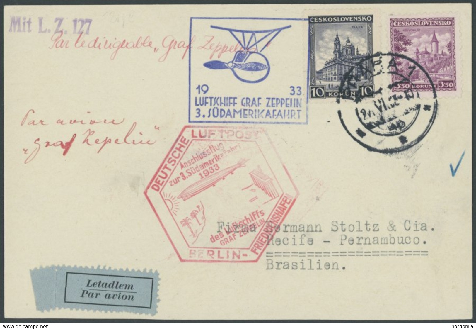 ZULEITUNGSPOST 219B BRIEF, Tschechoslowakei: 1933, 3. Südamerikafahrt, Anschlussflug Ab Berlin, Prachtkarte, Sieger Und  - Poste Aérienne & Zeppelin