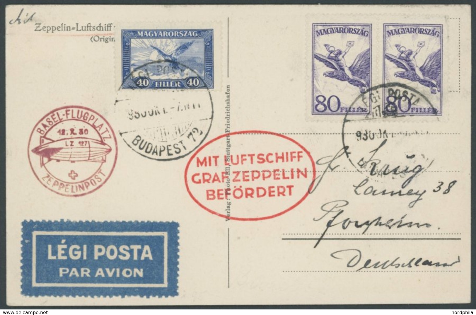 ZULEITUNGSPOST 93B BRIEF, Ungarn: 1930, Landungsfahrt Nach Basel, Braunroter Ankunftsstempel, Prachtkarte, R! - Correo Aéreo & Zeppelin