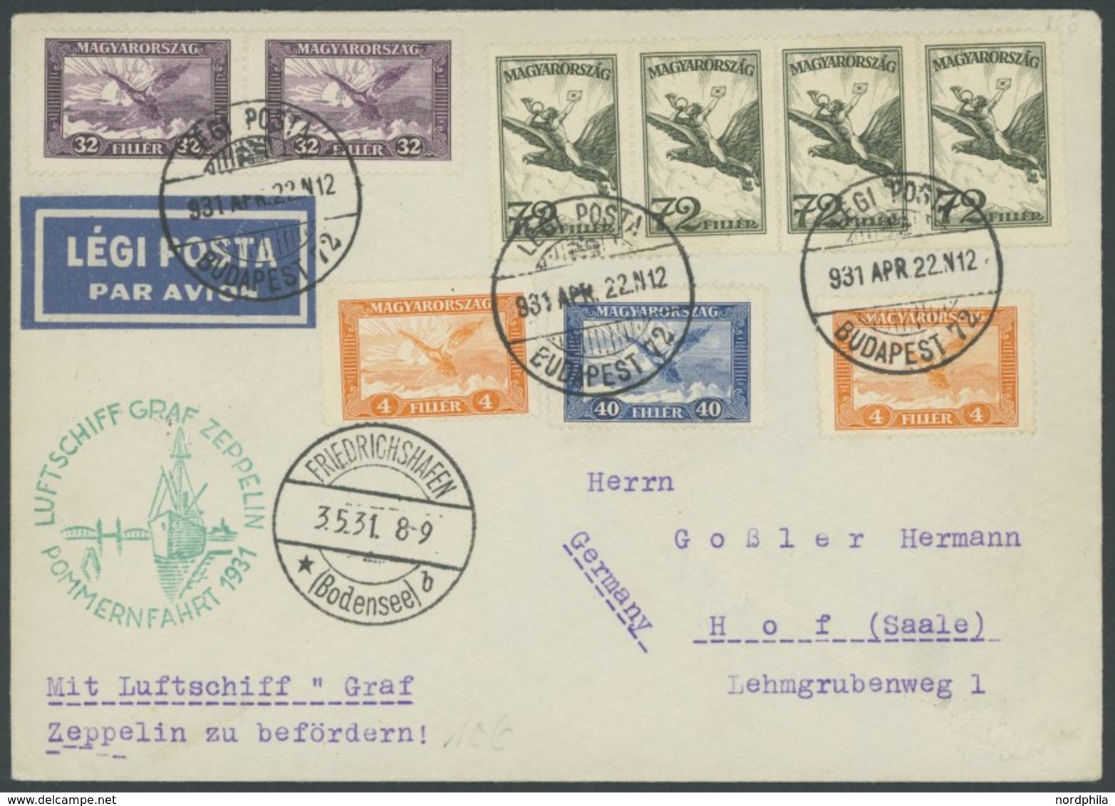 ZULEITUNGSPOST 106A BRIEF, Ungarn: 1931, Pommernfahrt, Nach Stettin, Prachtbrief - Poste Aérienne & Zeppelin