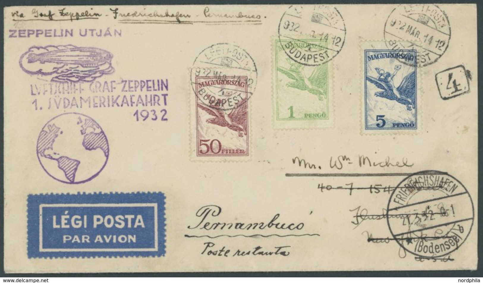 ZULEITUNGSPOST 138 BRIEF, Ungarn: 1932, 1. Südamerikafahrt, Brief Feinst - Airmail & Zeppelin