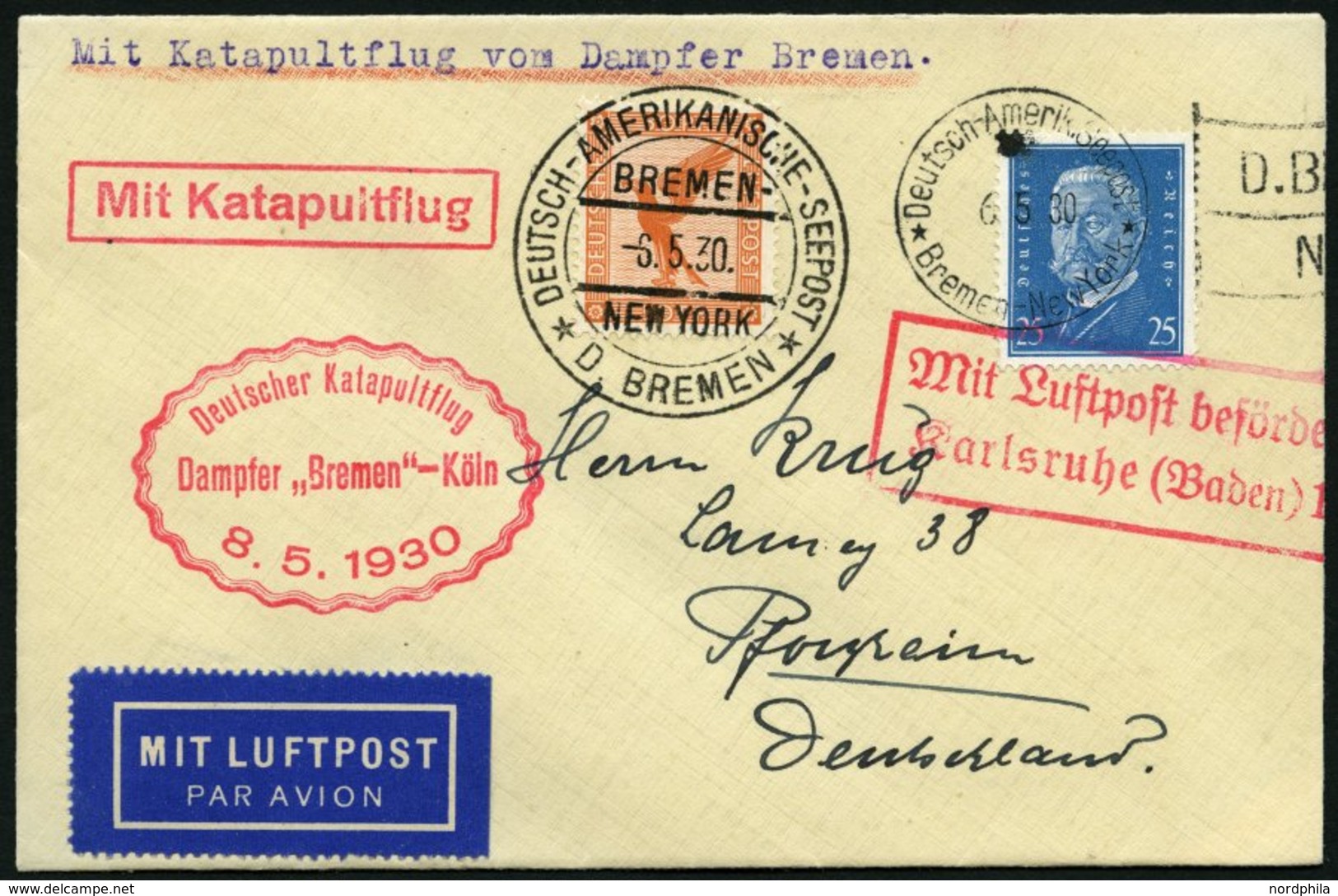 KATAPULTPOST 11c BRIEF, 7.5.1930, &quot,Bremen&quot, - Southampton, Deutsche Seepostaufgabe, Prachtbrief - Covers & Documents