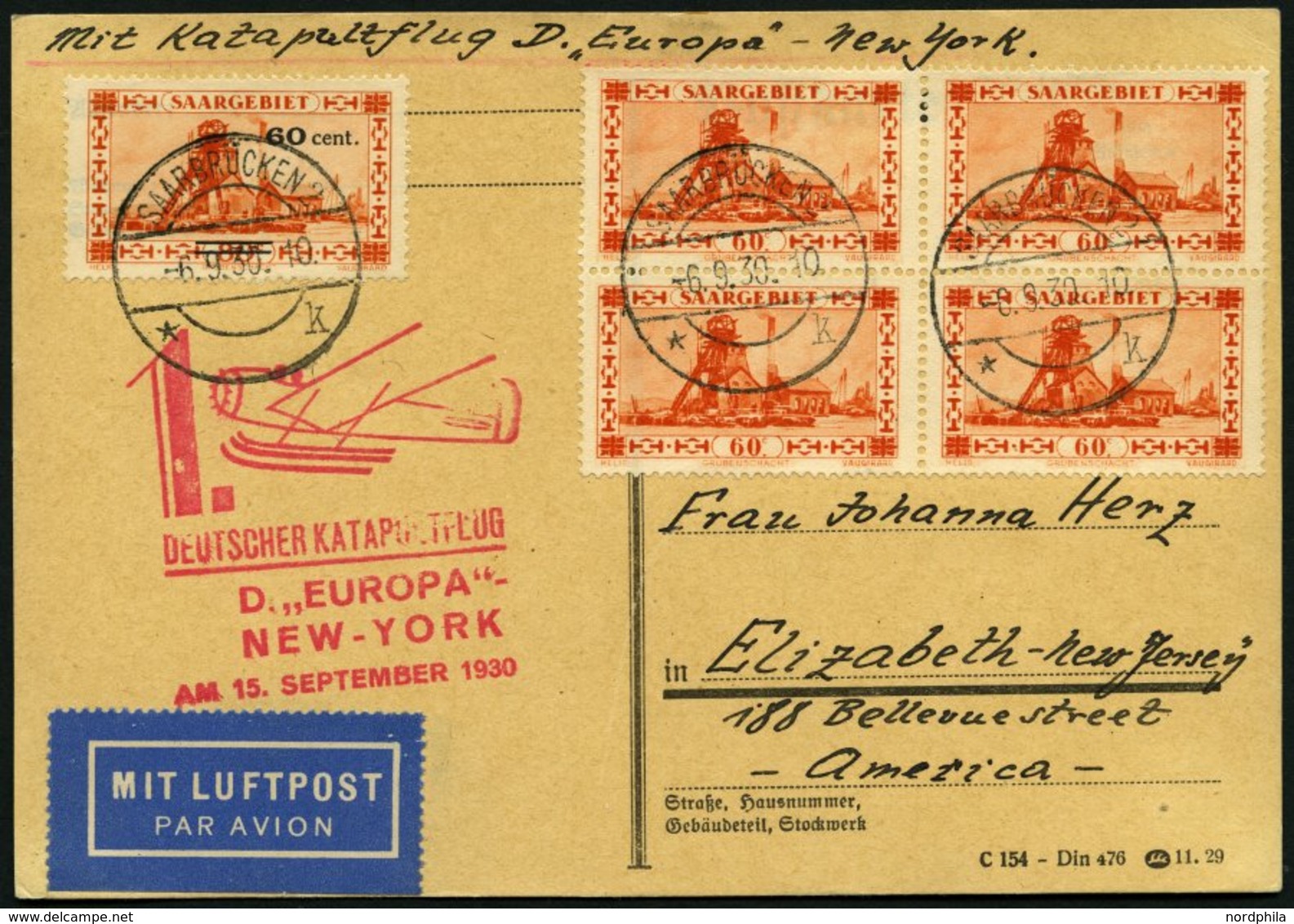 KATAPULTPOST 31Sr BRIEF, Saargebiet: 15.9.1930, &quot,Europa&quot, - New York, Frankiert U.a. Mit Mi.Nr. 142, Prachtkart - Storia Postale