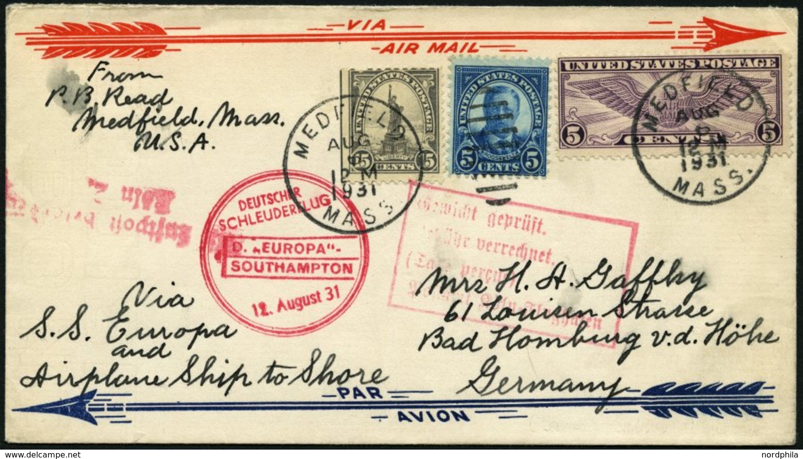 KATAPULTPOST 63a BRIEF, 12.8.1931, Europa - Southampton, US-Landpostaufgabe, Mit Rotem Rechteckstempel Gewicht Geprüft,  - Storia Postale