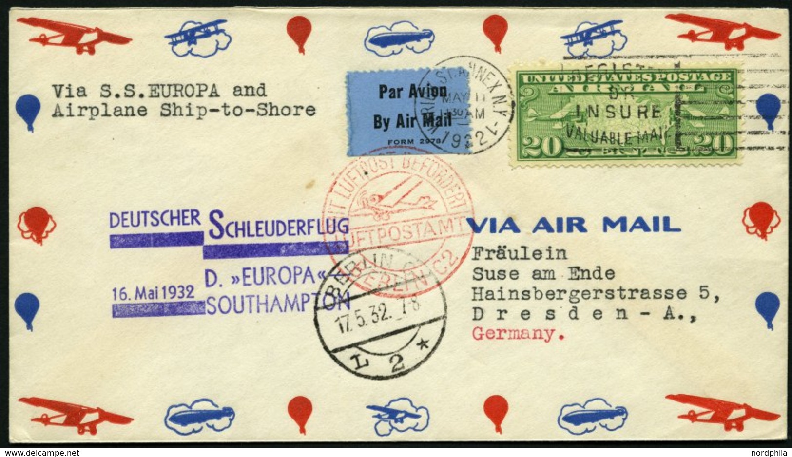 KATAPULTPOST 78a BRIEF, 16.5.1932, &quot,Europa&quot, - Southampton, US-Landpostaufgabe, Prachtbrief - Storia Postale