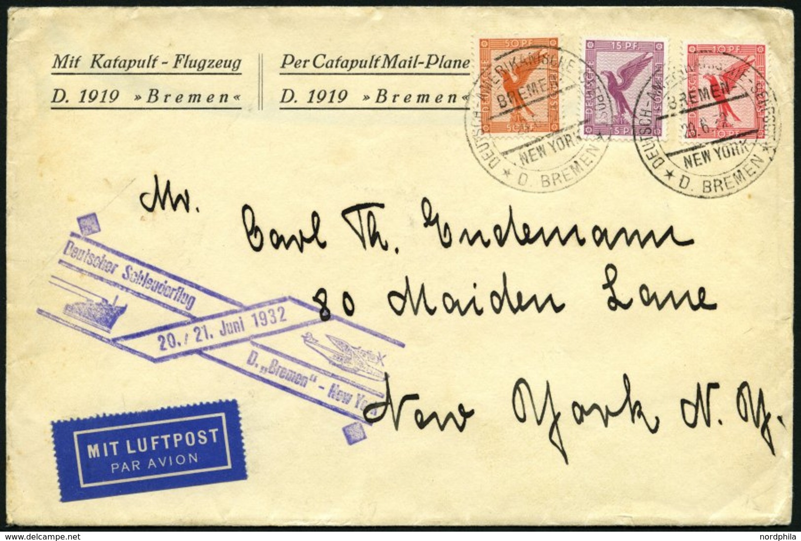 KATAPULTPOST 87b BRIEF, 20.6.1932, &quot,Bremen&quot, - New York, Seepostaufgabe, Brief Feinst - Covers & Documents