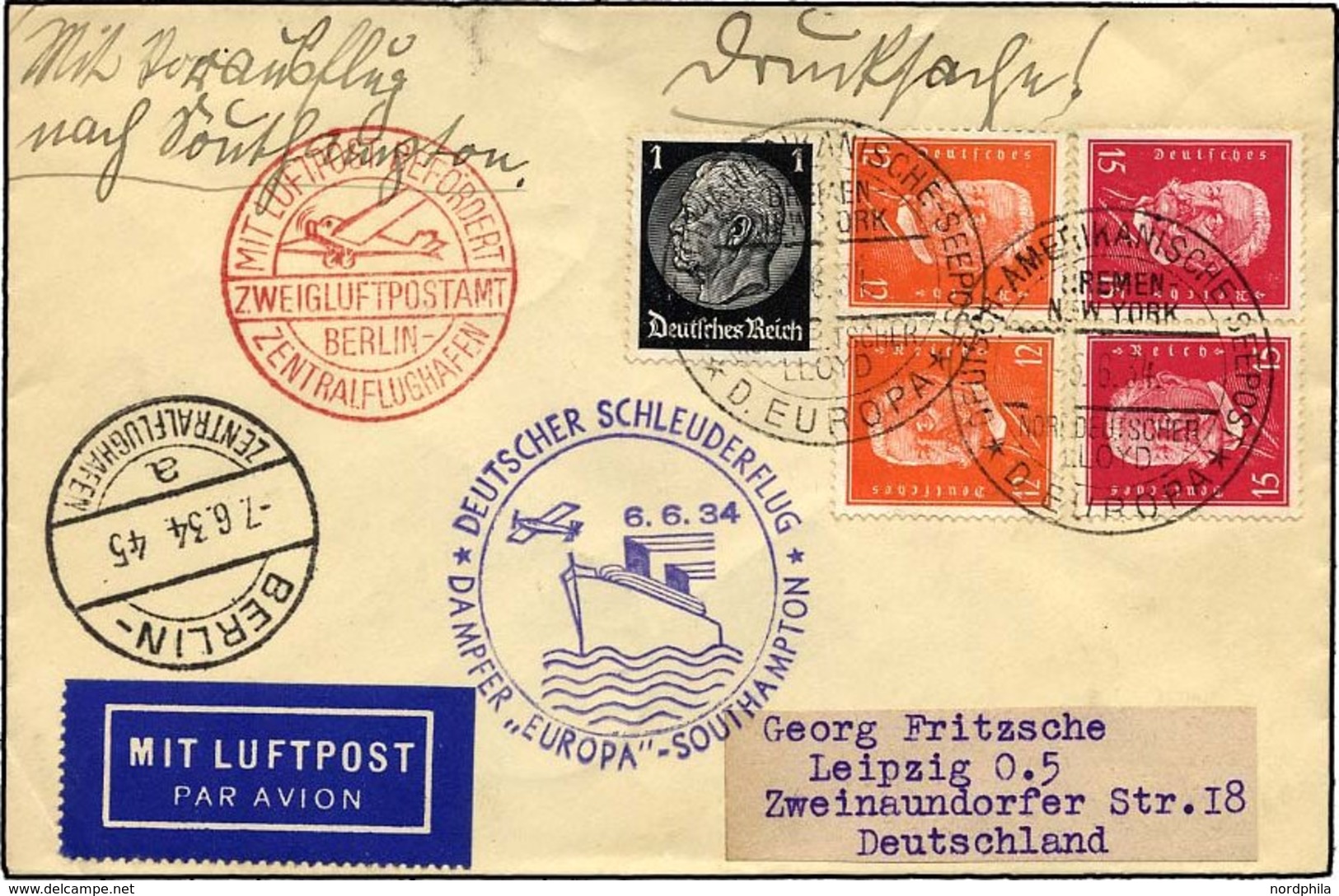 KATAPULTPOST 156c BRIEF, 6.6.1934, Europa - Southampton, Deutsche Seepostaufgabe, Frankiert U.a. Mit K 13/4, Drucksache, - Lettres & Documents