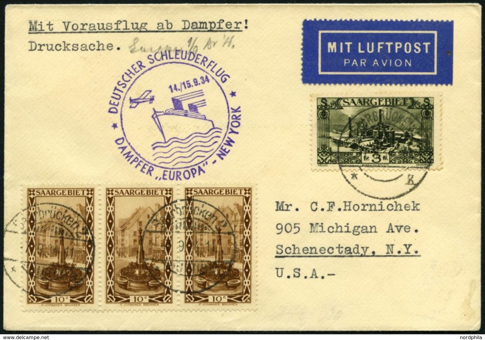 KATAPULTPOST 178Sr BrfStk, Saargebiet: 14.9.1934, &quot,Europa&quot, - New York, Drucksache, Prachtbrief, RRR!, Nur 11 B - Covers & Documents