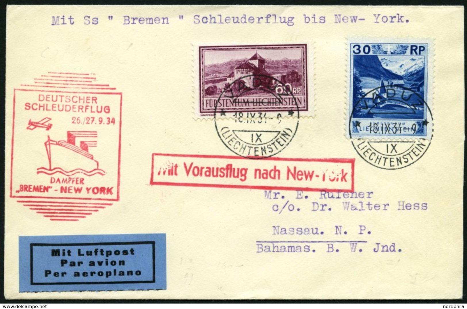 KATAPULTPOST 181Li BRIEF, Liechenstein: 26.9.1934, Bremen - New York, Prachtbrief Nach Nassau (Bahamas), RR!, Nur 17 Bel - Storia Postale