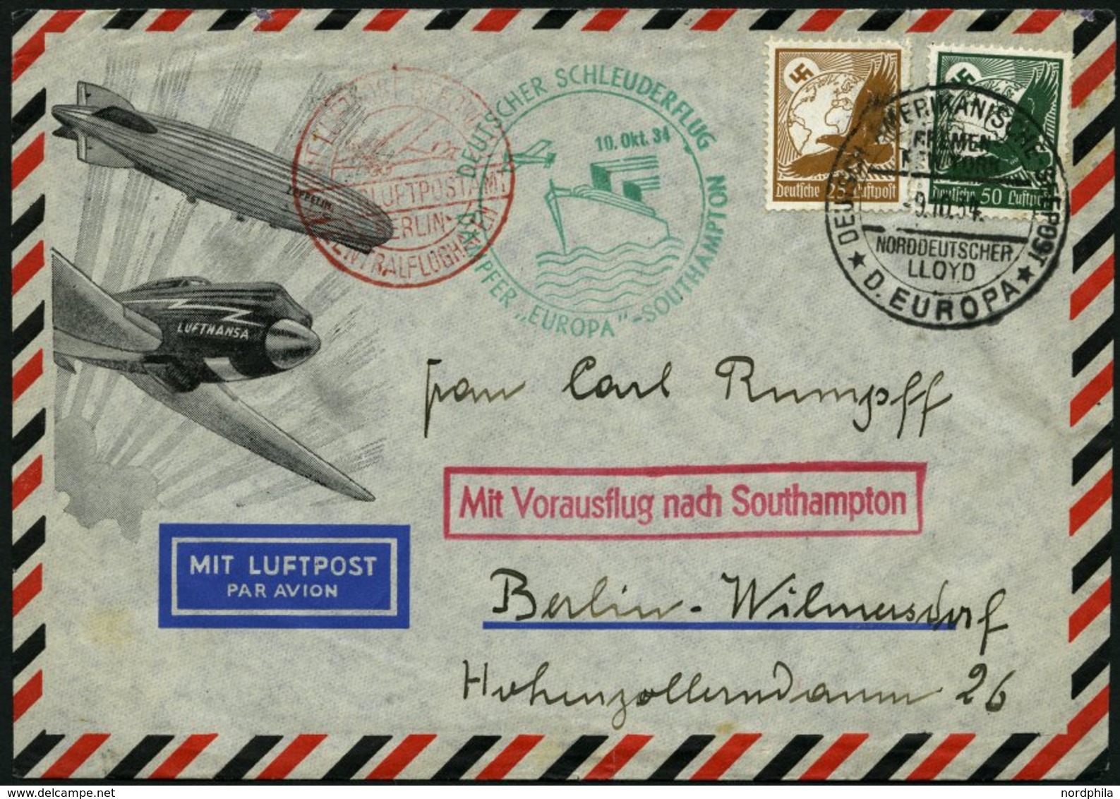 KATAPULTPOST 184c BRIEF, 10.10.1934, Europa - Southampton, Deutsche Seepostaufgabe, Prachtbrief - Covers & Documents