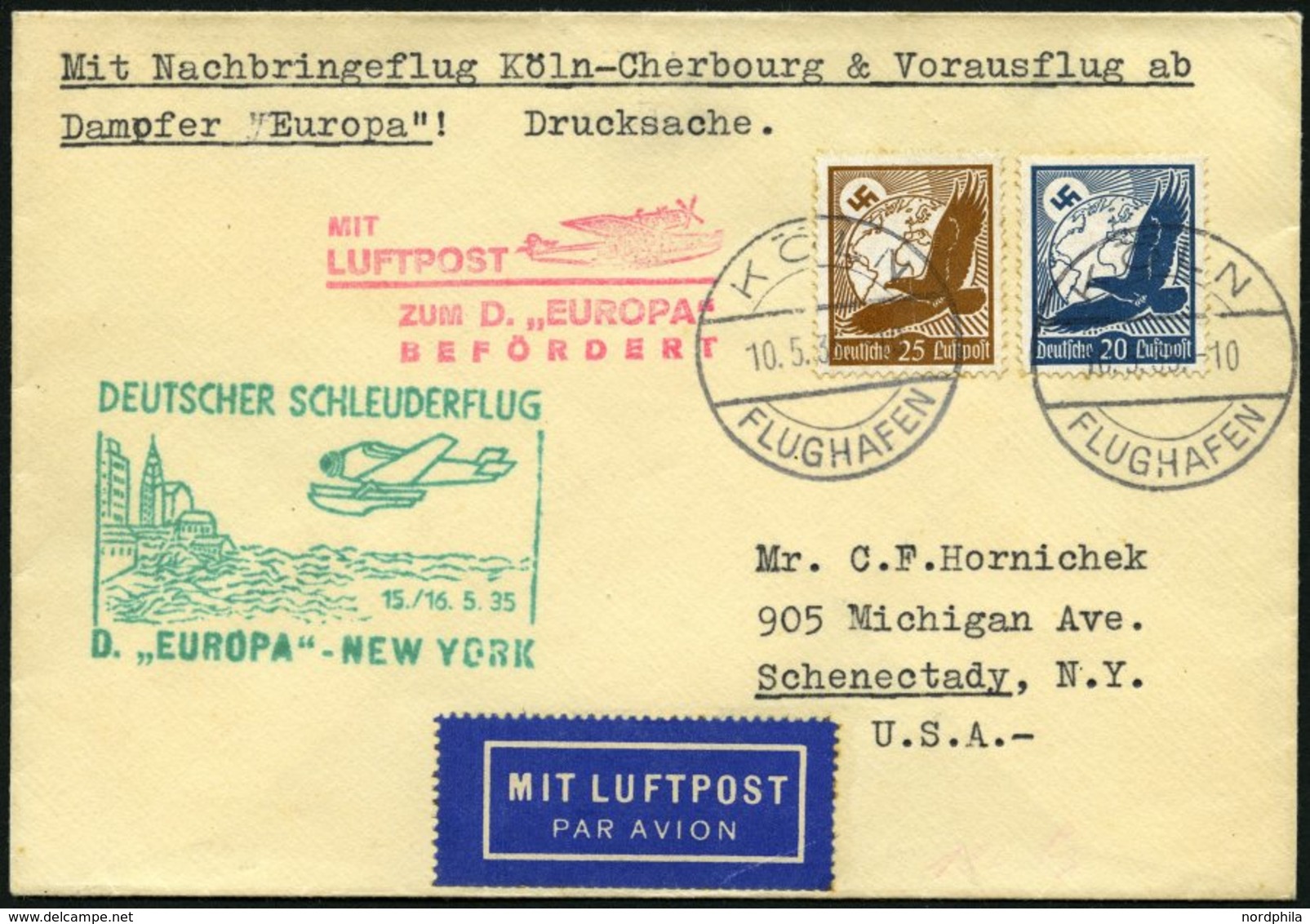 KATAPULTPOST 187c BRIEF, 16.5.1935, Europa - New York, Nachbringe- Und Schleuderflug, Drucksache, Prachtbrief - Lettres & Documents