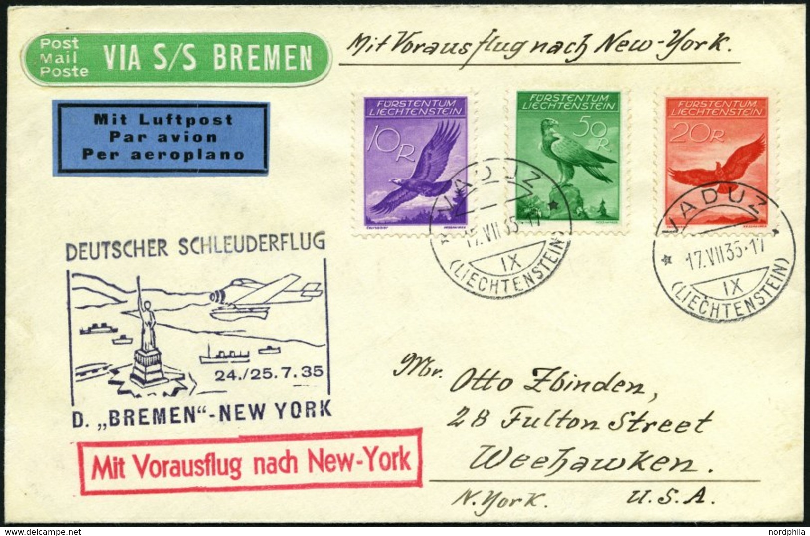 KATAPULTPOST 201Li BRIEF, Liechenstein: 24.7.1935, Bremen - New York, Prachtbrief, RR!, Nur 11 Belege Befördert! - Covers & Documents
