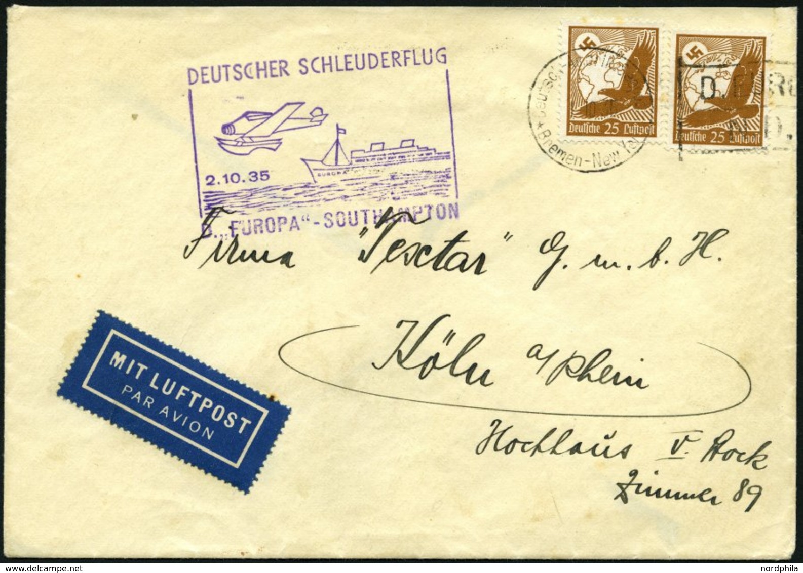 KATAPULTPOST 216c BRIEF, 2.10.1935, Europa - Southampton, Deutsche Seepostaufgabe, Brief Feinst - Lettres & Documents