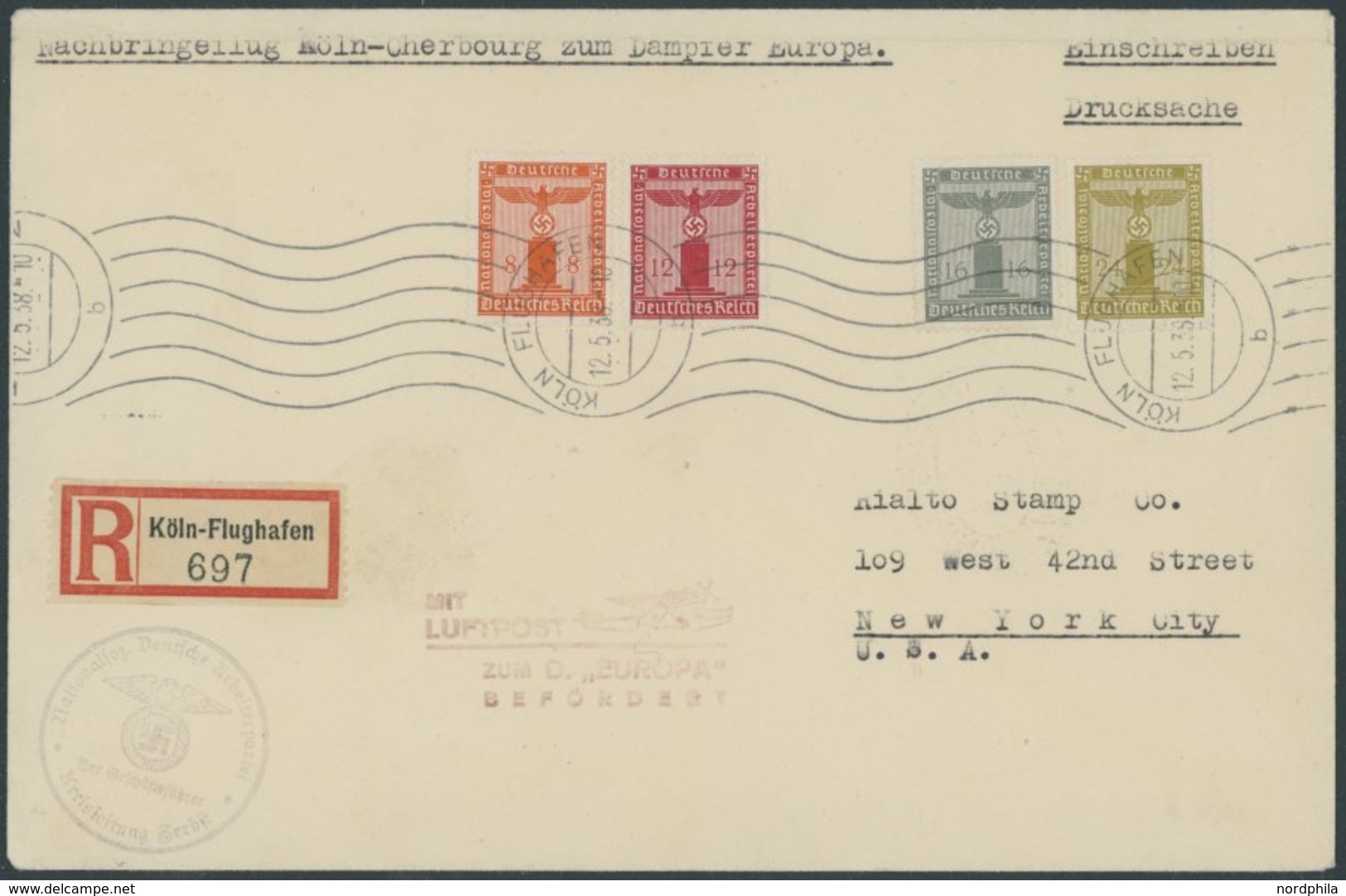 KATAPULTPOST 12.5.1938, Mit Luftpost Zum Dampfer Europa Befördert, Nachbringeflug Köln-Cherbourg, Einschreib-Dienstbrief - Cartas & Documentos