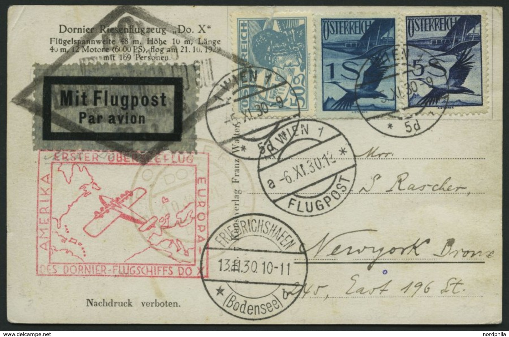 DO-X LUFTPOST 10.AU.c. BRIEF, 13.11.1930, Durchgangsstempel Friedrichshafen, Bordpoststempel 30.JAN.31, Zulieferpost Öst - Storia Postale