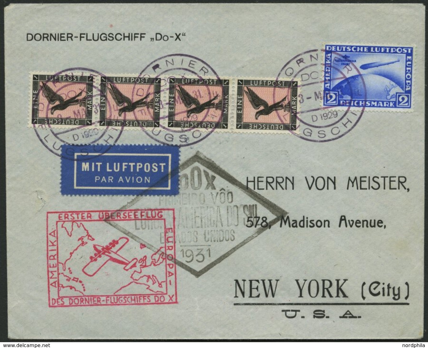 DO-X LUFTPOST DO 8 BRIEF, 3.5.1931, Deutsche Bordpostaufgabe Zum Flug Vila Cisneros-Südamerikafahrt Und Nach Nordamerika - Cartas & Documentos