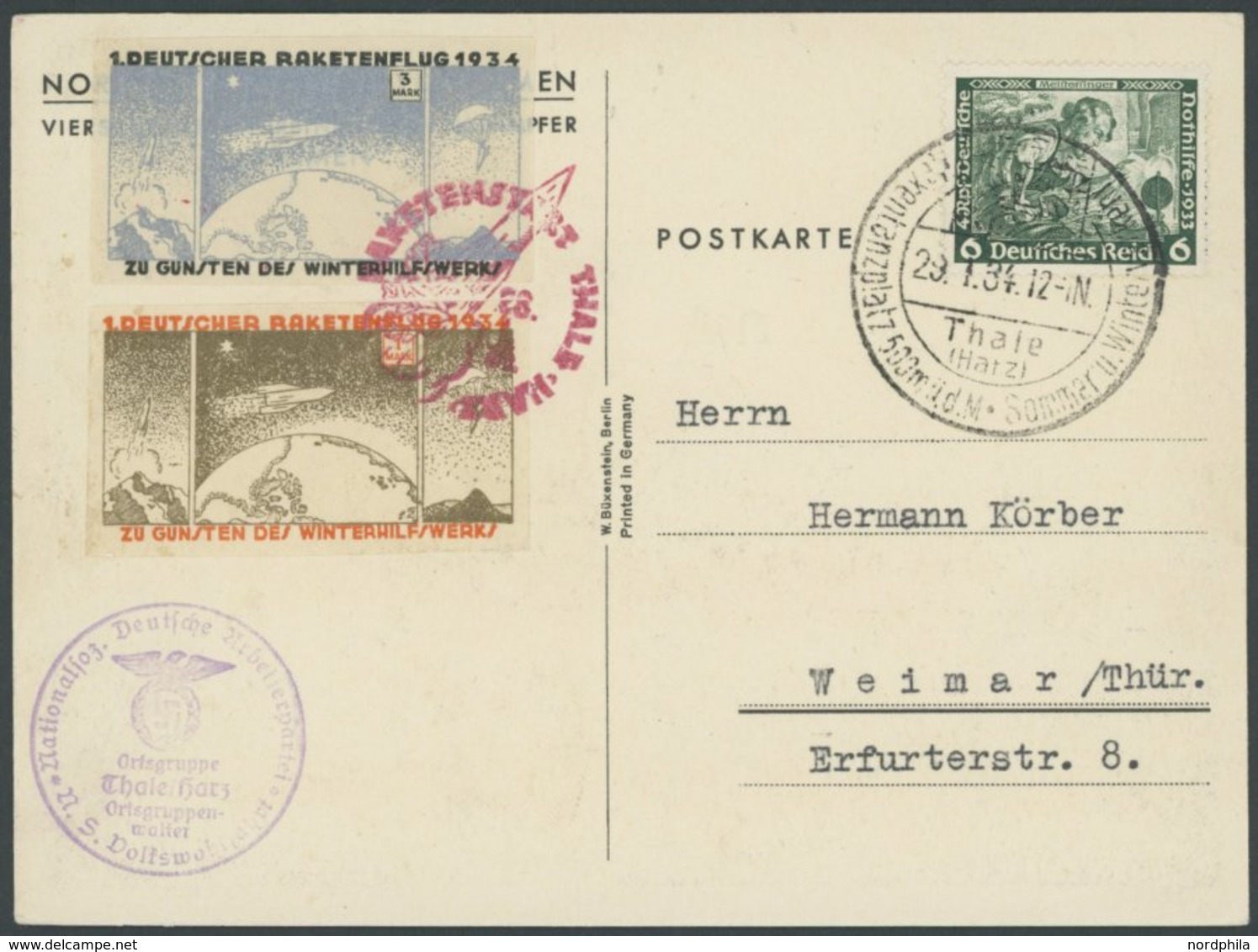 RAKETENPOST 6C2a BRIEF, 28.1.1934, Raketenflug Aus Thale, Frankiert Vorderseitig Mit Ungezähnten Raketenmarken Zu 1 Und  - Airplanes