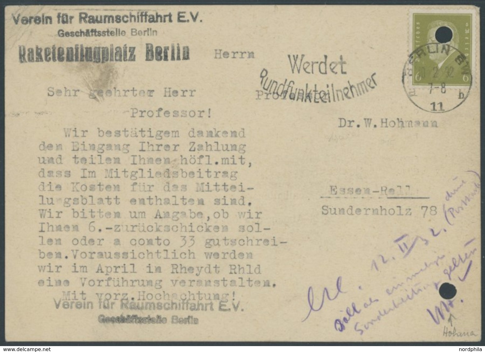 RAKETENPOST 10.2.1932, Beitrittserklärung Des Vereins Für Raumschifffahrt E.V., Geschäftsstelle, Raketenflugplatz Berlin - Airplanes