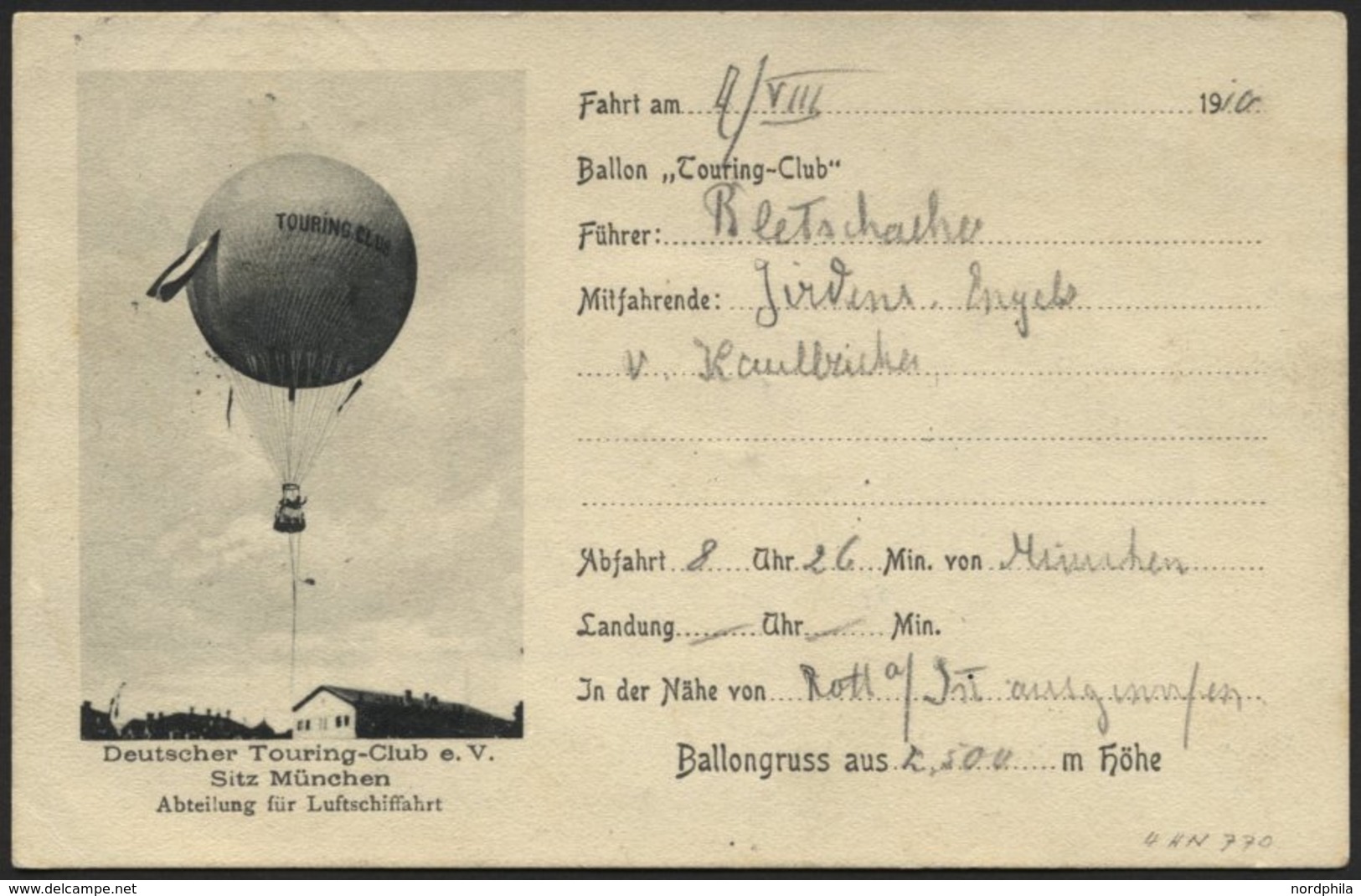 BALLON-FAHRTEN 1897-1916 11.8.1910, Deutscher Touring-Club Abt. Luftschiffahrt München, Abwurf Vom Ballon TOURING-CLUB ü - Montgolfières
