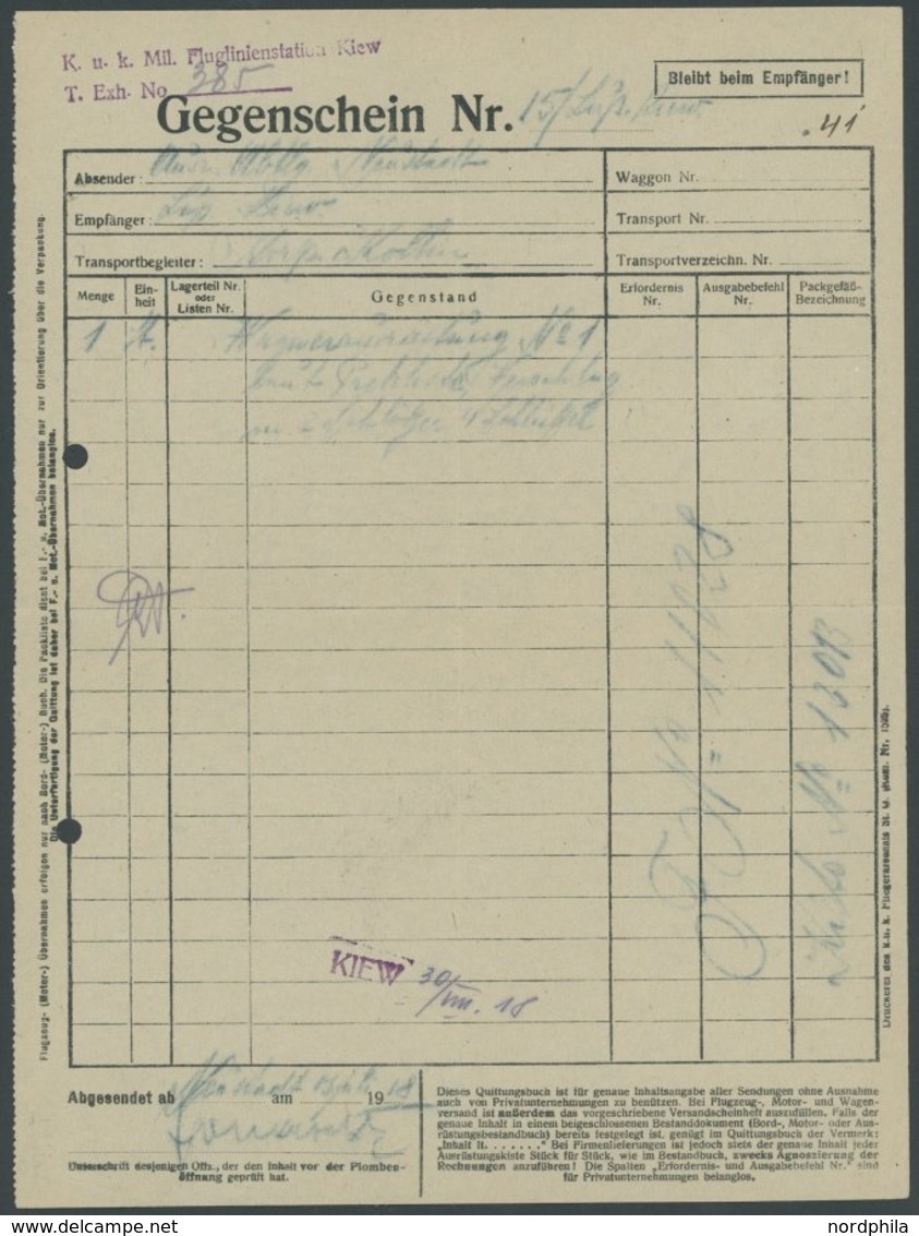 LUFTFAHRT IM I. WELTKRIEG 1918, Violetter L2 K. U. K. Mil. Fluglinienstation Kiew Auf Material-Gegenschein, Pracht - Aerei