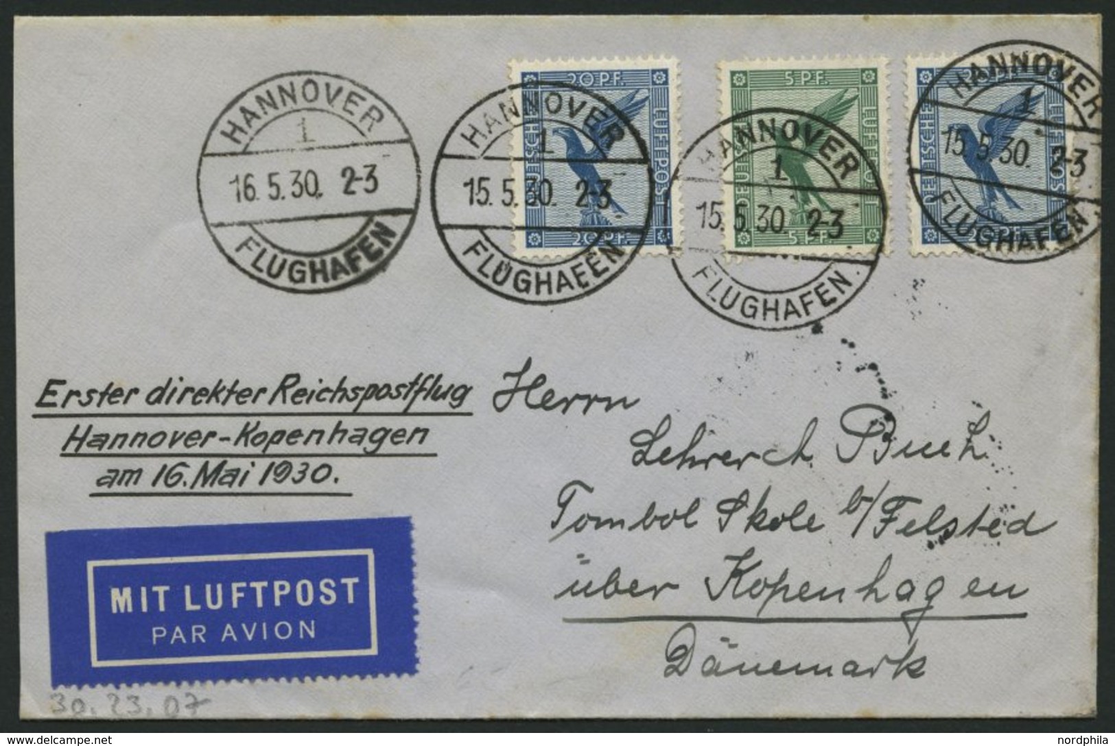 ERST-UND ERÖFFNUNGSFLÜGE 30.23.07 BRIEF, 16.5.1930, Hannover-Kopenhagen, Prachtbrief - Zeppelin