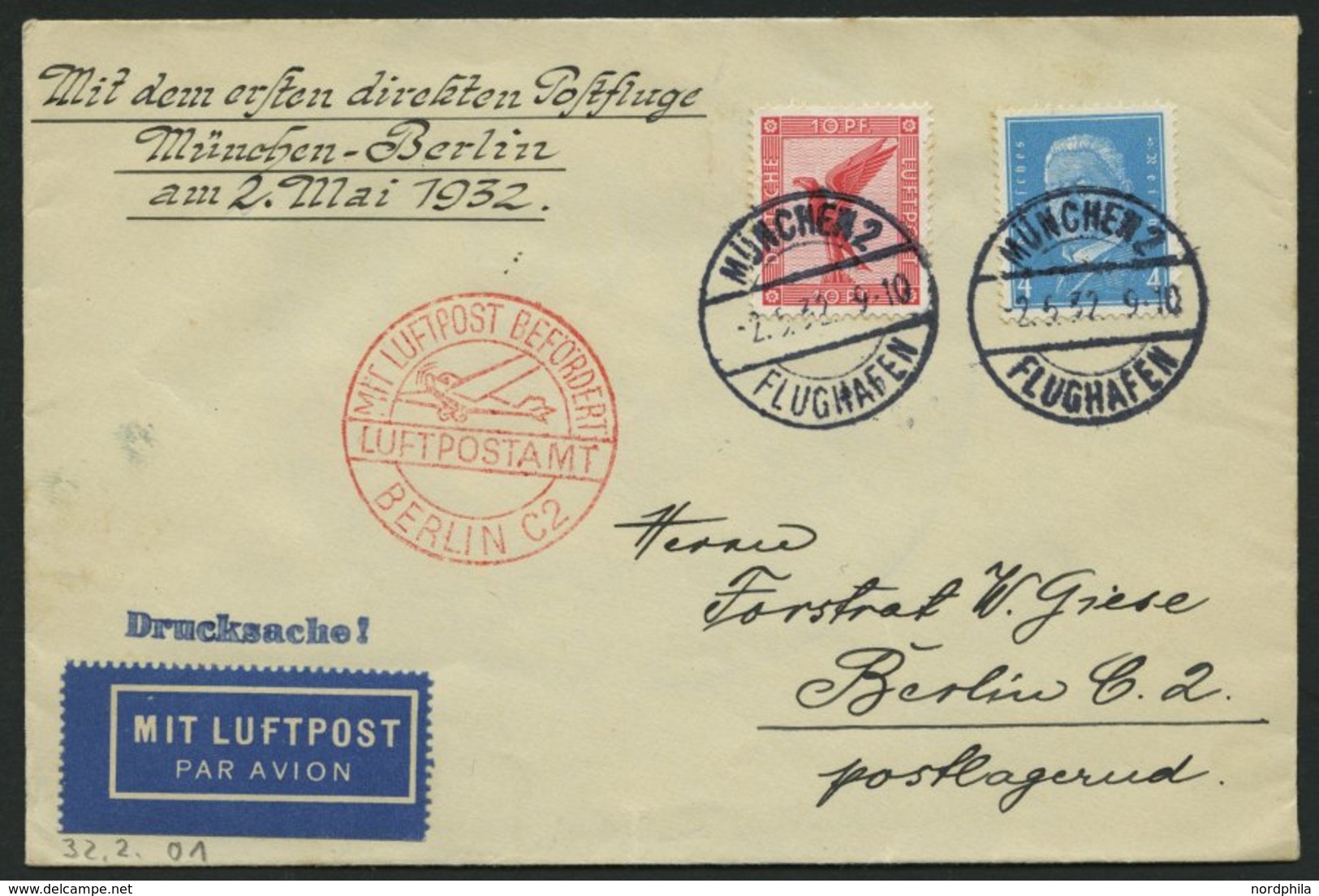 SPÄTERE FLÜGE (SPF) 2.5.1932, München-Berlin, Prachtbrief - Aerei