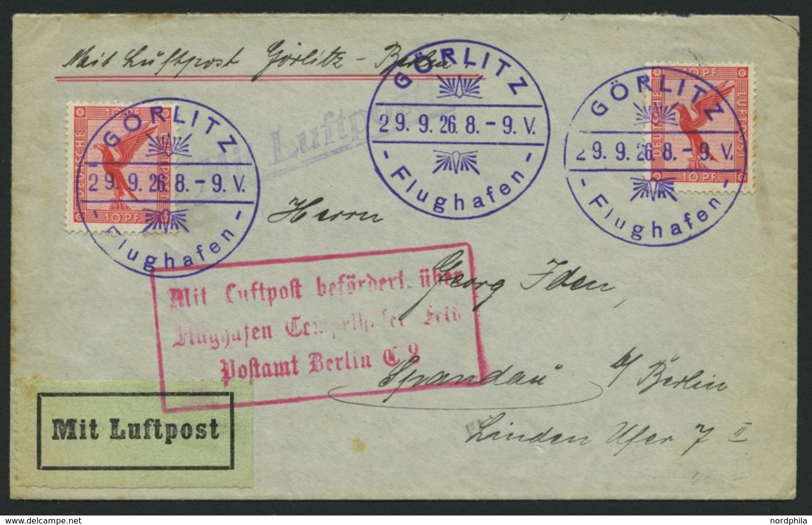 FLUGPLATZ, FLUGHAFENSTPL 28-04 BRIEF, Görtlitz Flughafen, 1926, Violetter K1 Auf Brief Nach Spandau, Pracht - Aviones