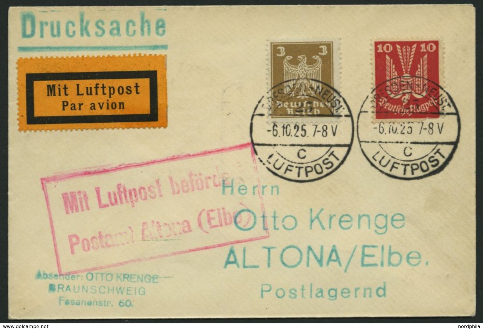 LUFTPOSTBESTÄTIGUNGSSTPL 3-01a BRIEF, ALTONA In Rot, Drucksache Von DRESDEN-NEUST. Nach Altona, 10 Pf. Mängel Sonst Prac - Correo Aéreo & Zeppelin