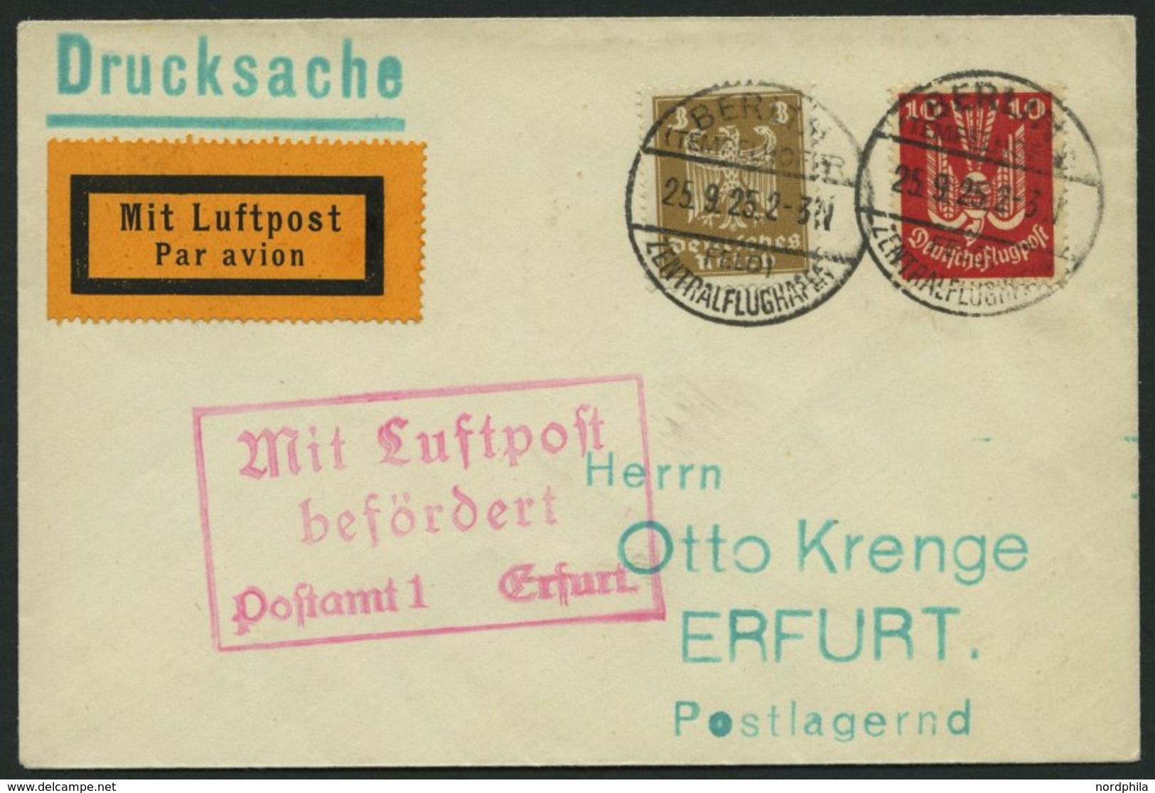 LUFTPOSTBESTÄTIGUNGSSTPL 32-01a BRIEF, ERFURT In Rot, Drucksache Von BERLIN Nach Erfurt, Prachtbrief - Airmail & Zeppelin