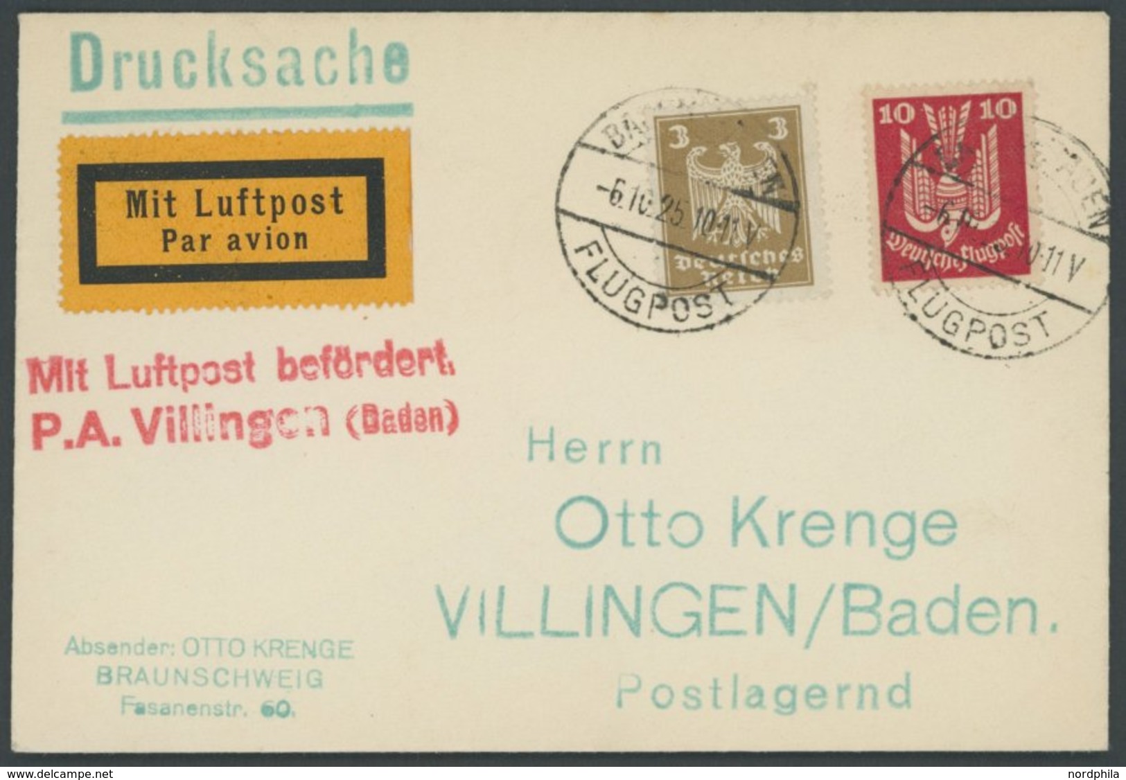 LUFTPOSTBESTÄTIGUNGSSTPL 103-01 BRIEF, VILLINGEN, P.A. Villingen (Baden), Drucksache Von BADEN-BADEN Nach Villingen/Bade - Airmail & Zeppelin