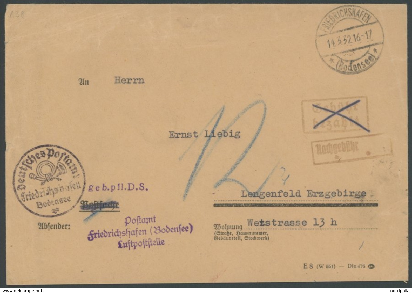 ALTE ANSICHTSKARTEN 1932, K1-Posthornstempel FRIEDRICHSHAFEN BODENSEE Und L3 Der Luftpoststelle Auf Nachgebührbrief Mit  - Other & Unclassified